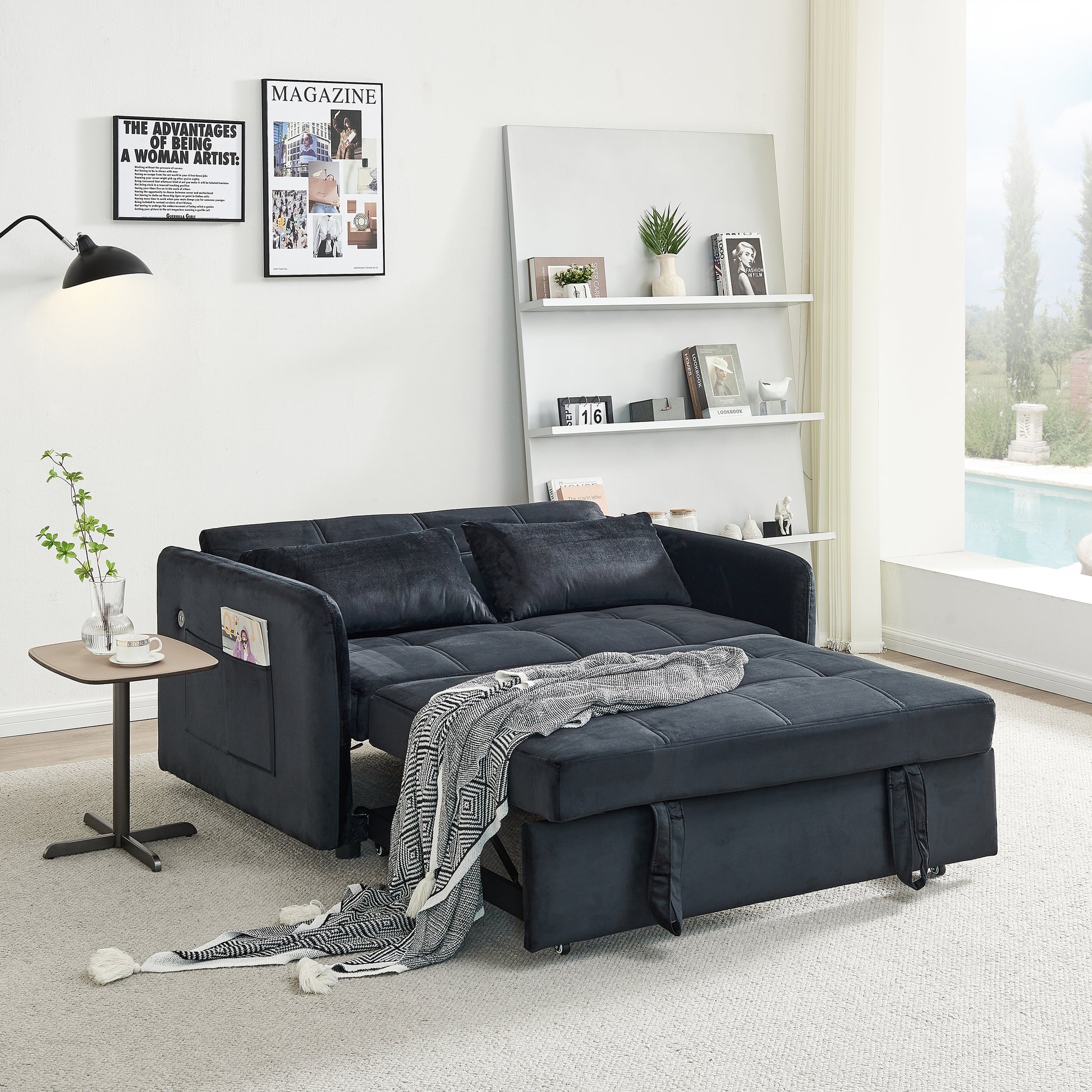 55.5" Twins Pull Out Sofa Bed Black Velvet Black Foam Velvet