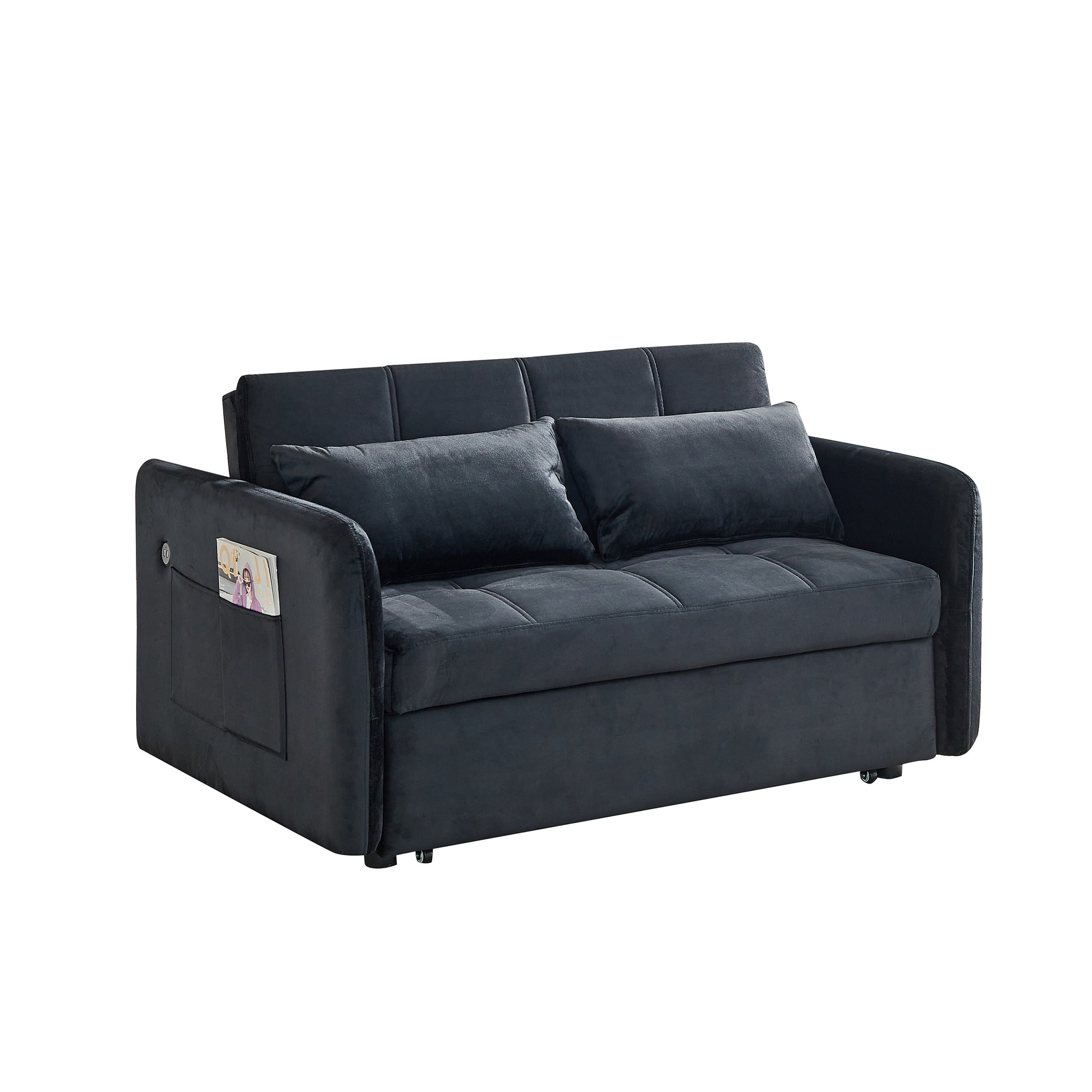 55.5" Twins Pull Out Sofa Bed Black Velvet Black Foam Velvet