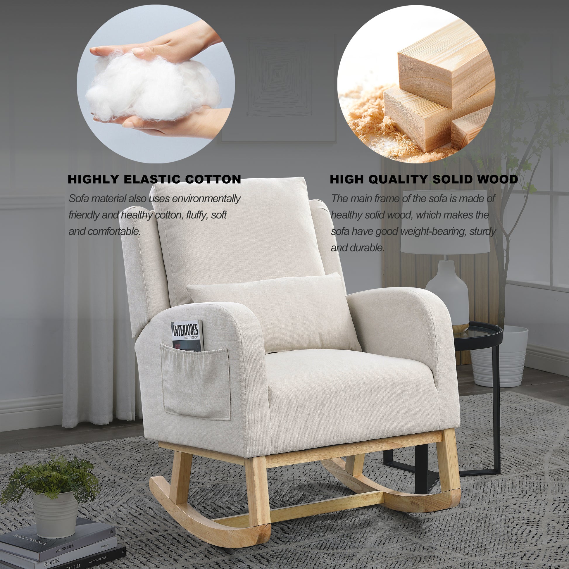 Video Welike 27.5 "W Modern Accent High Back Living Room Casual Armchair Rocker With One Lumbar Pillow, Two Side Pockets. Beige Foam Fabric