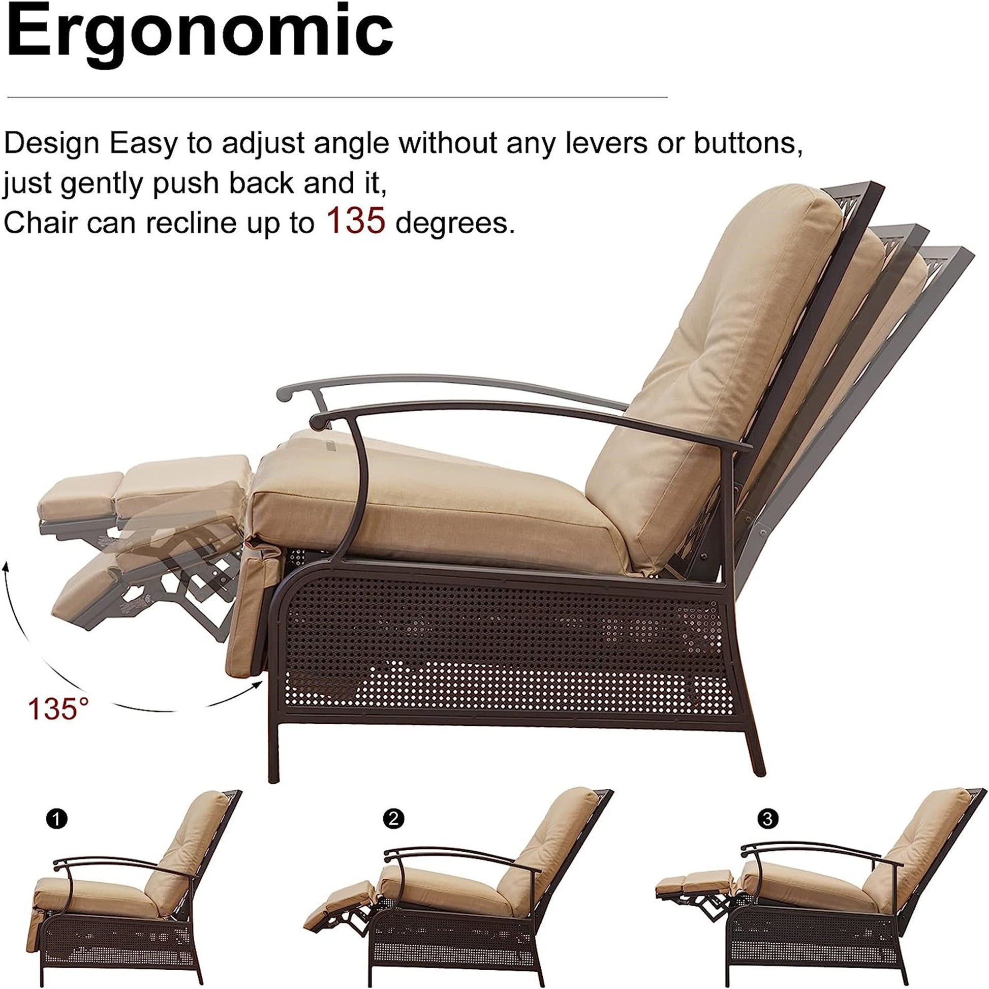 Patio Recliner Chair With Cushions,Outdoor Adjustable Lounge Chair,Reclining Patio Chairs With Strong Extendable Metal Frame For Reading,Garden,Lawn Khaki, 1 Chair Khaki Metal