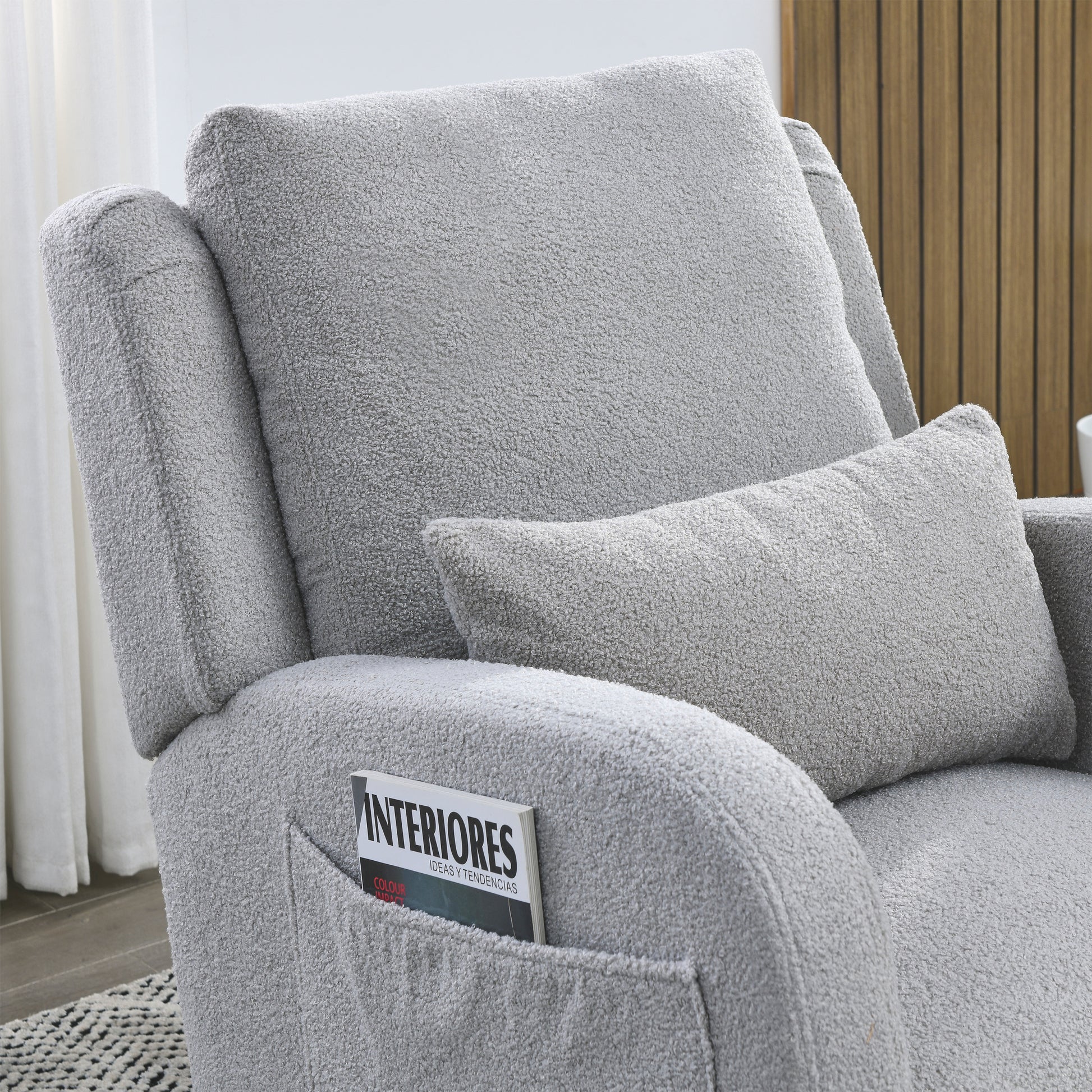 Video Welike 27.5 "W Modern Accent High Back Living Room Casual Armchair Rocker With One Lumbar Pillow, Two Side Pockets,Teddy. Grey Teddy Foam Fabric