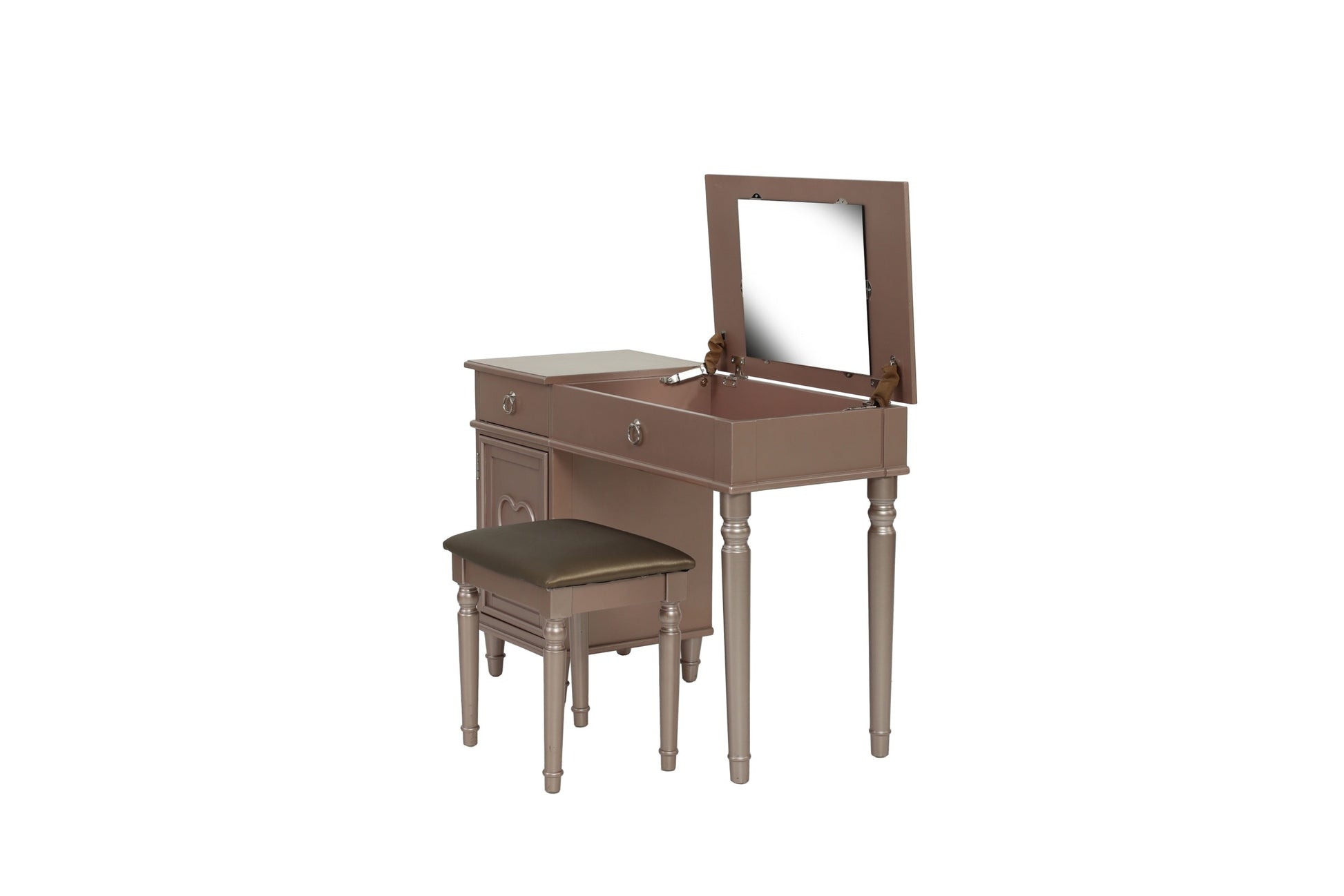 Bedroom Vanity Set W Stool Open Up Mirror Storage Space Drawers Rubber Wood Ring Pull Handles Rose Gold Color Vanity Rose Gold Bedroom Traditional Poplar Rubber Wood