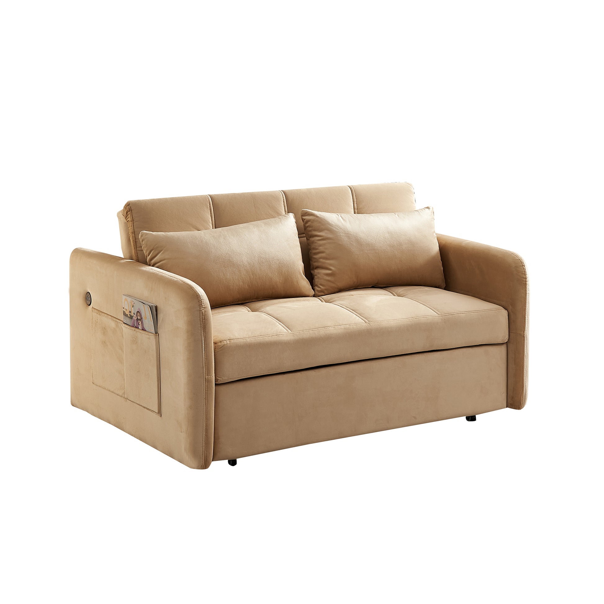 55.5"Twins Pull Out Sofa Bed Khaki Velvet Khaki Foam Velvet