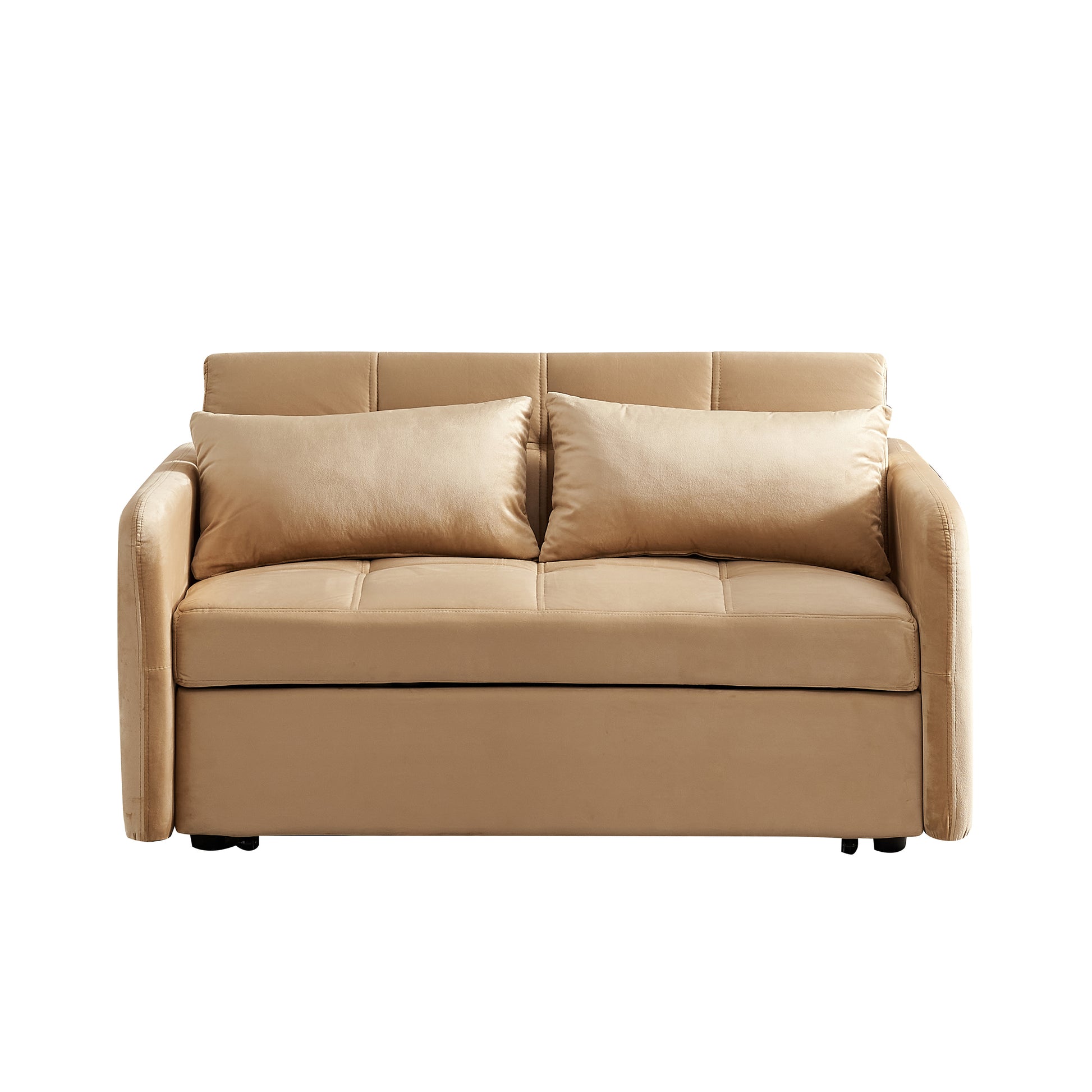 55.5"Twins Pull Out Sofa Bed Khaki Velvet Khaki Foam Velvet
