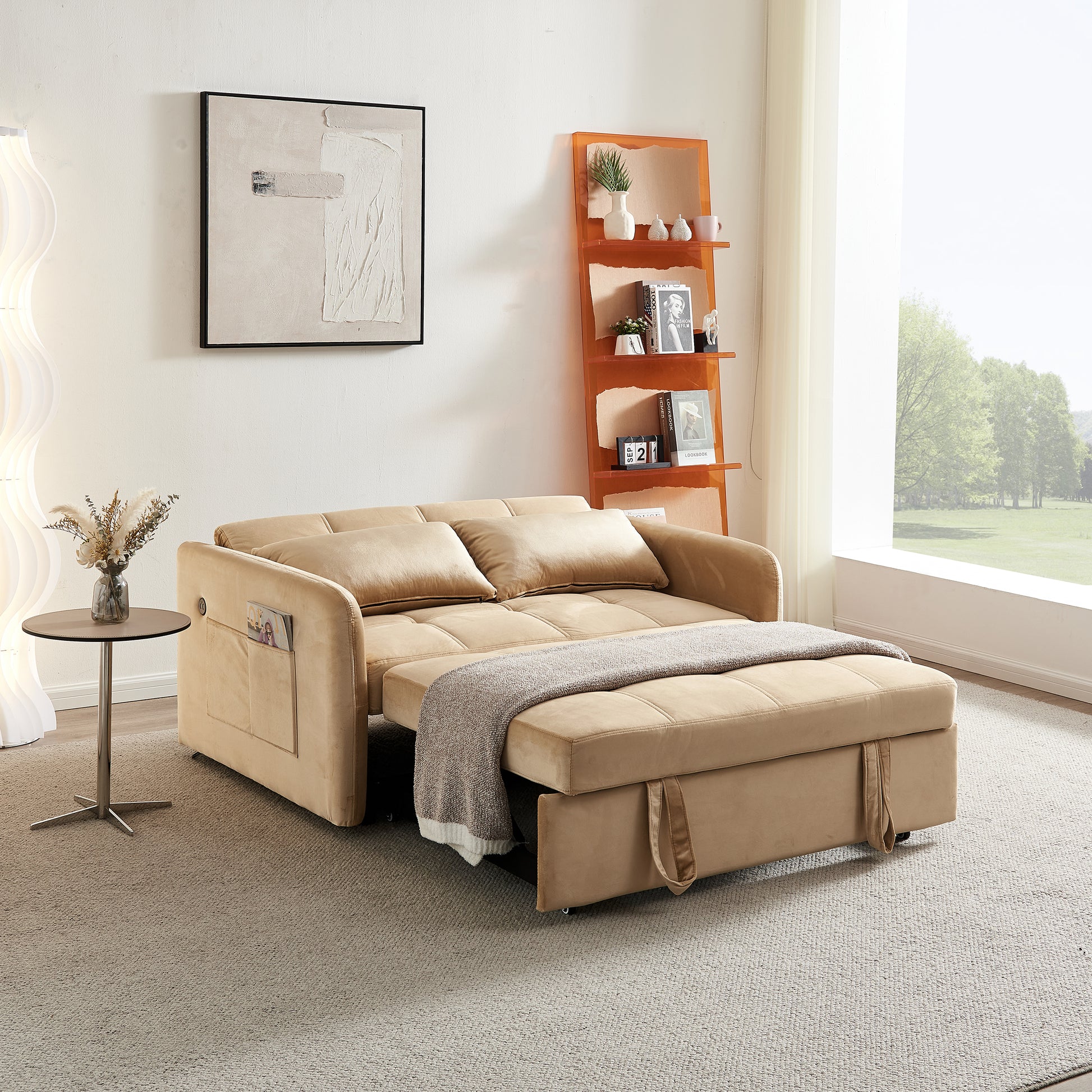 55.5"Twins Pull Out Sofa Bed Khaki Velvet Khaki Foam Velvet