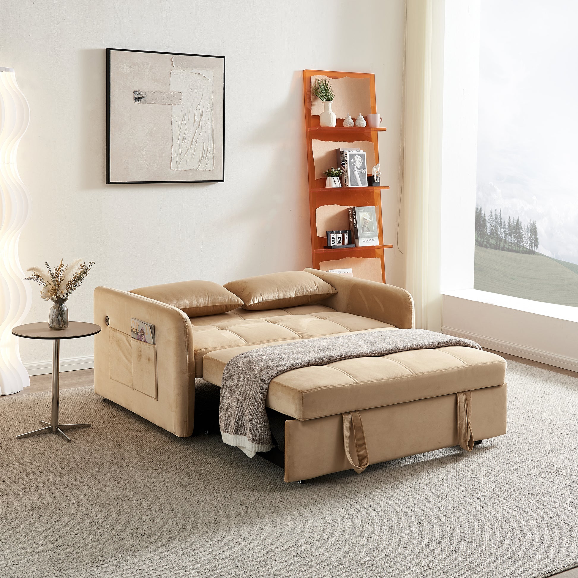 55.5"Twins Pull Out Sofa Bed Khaki Velvet Khaki Foam Velvet