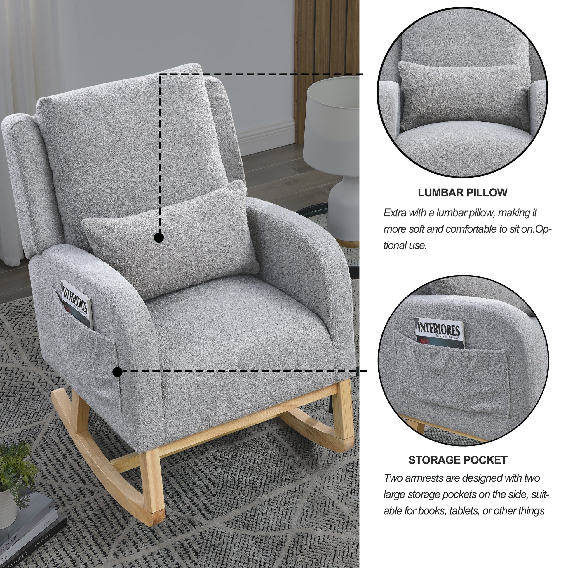 Video Welike 27.5 "W Modern Accent High Back Living Room Casual Armchair Rocker With One Lumbar Pillow, Two Side Pockets,Teddy. Grey Teddy Foam Fabric