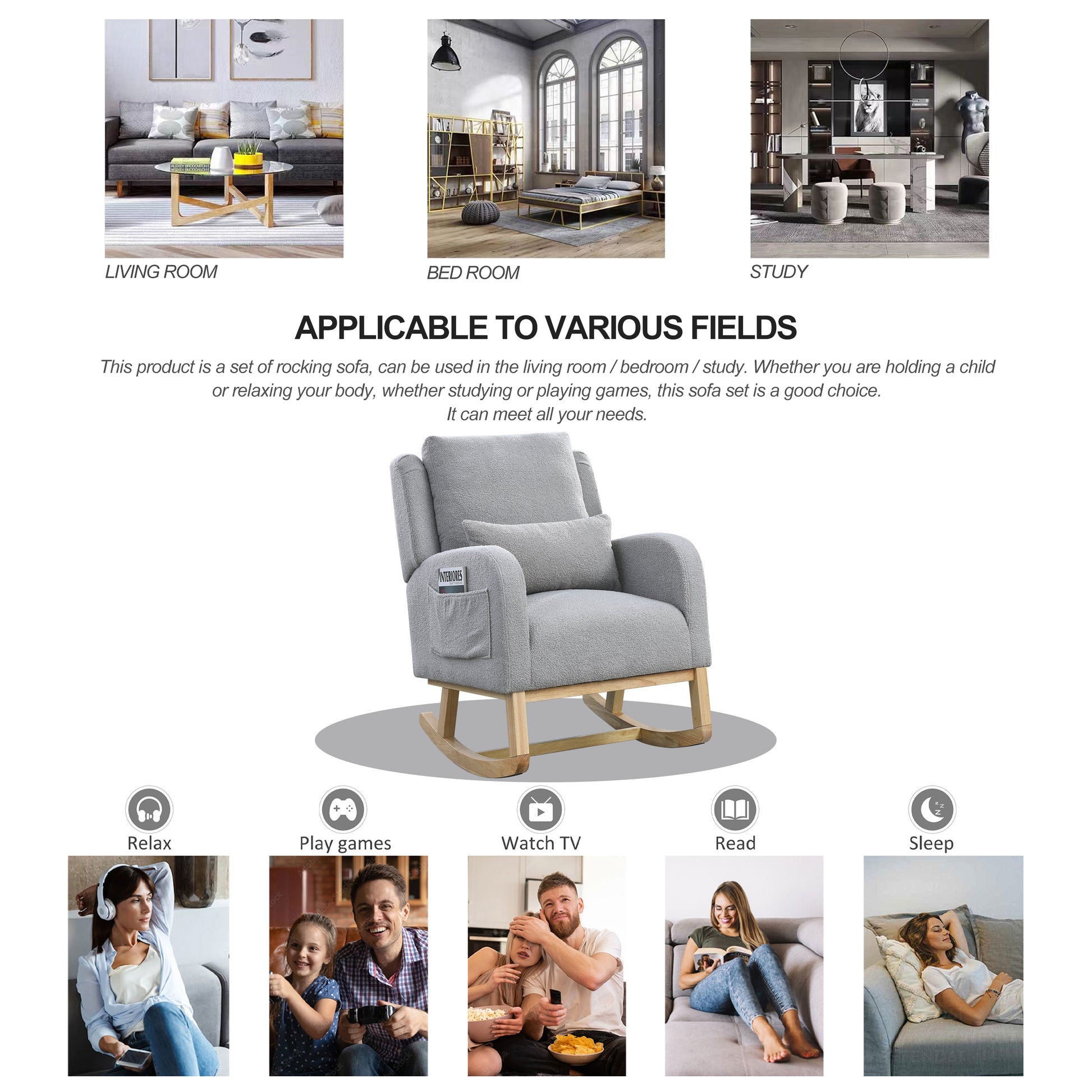 Video Welike 27.5 "W Modern Accent High Back Living Room Casual Armchair Rocker With One Lumbar Pillow, Two Side Pockets,Teddy. Grey Teddy Foam Fabric