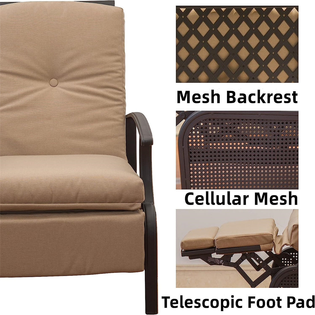 Patio Recliner Chair With Cushions,Outdoor Adjustable Lounge Chair,Reclining Patio Chairs With Strong Extendable Metal Frame For Reading,Garden,Lawn Khaki, 1 Chair Khaki Metal