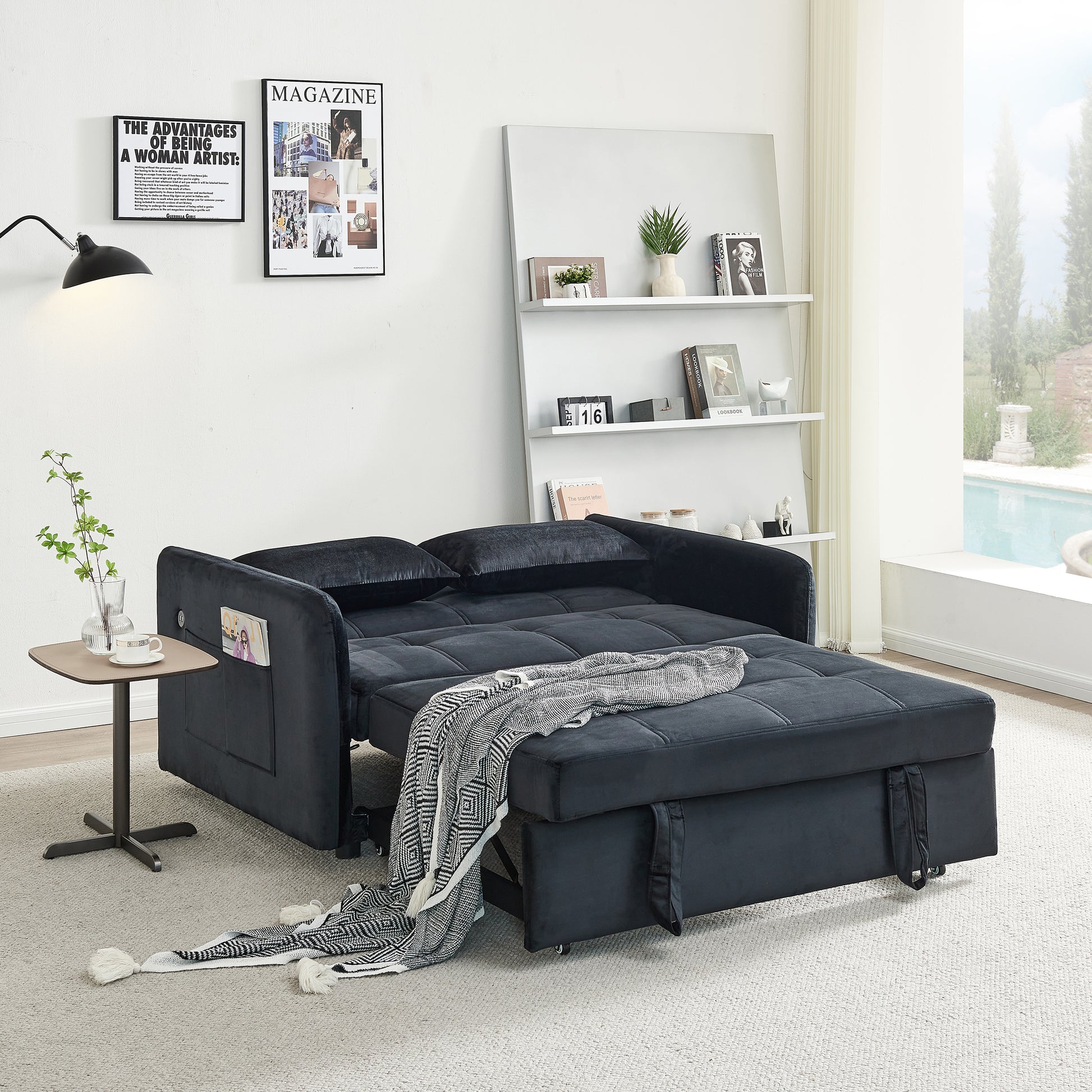 55.5" Twins Pull Out Sofa Bed Black Velvet Black Foam Velvet