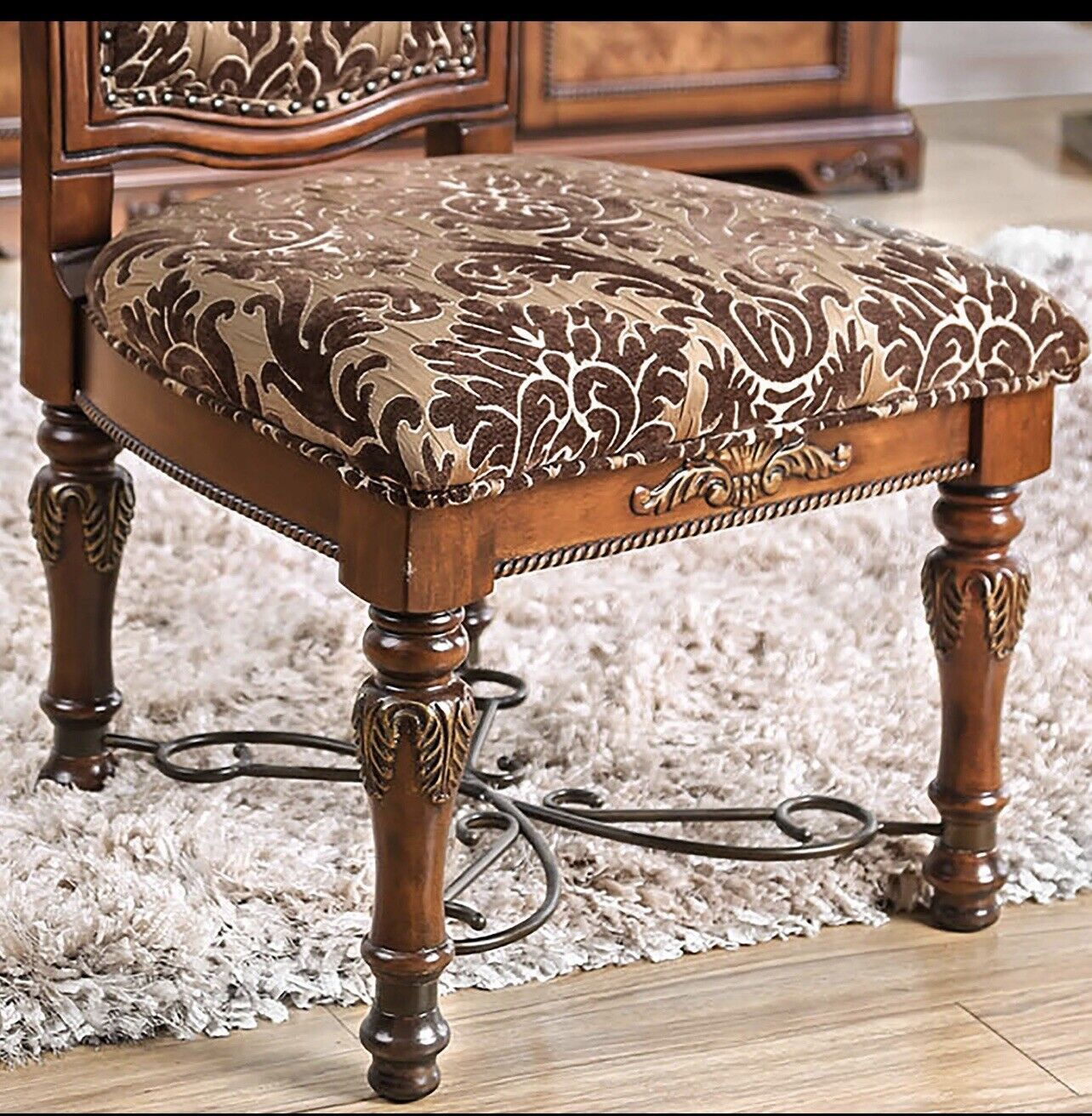 Traditional Fancy Set Of 2Pcs Side Chairs Brown Cherry Solid Wood Intricate Carved Details Floral Design Print Fabric Seats Formal Dining Room Furniture Brown Brown Dining Room Traditional Dining Chairs Solid Wood
