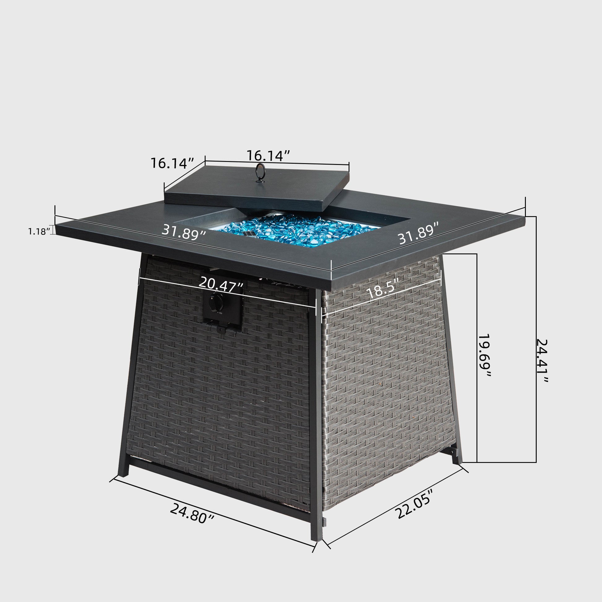 32 Inch Propane Fire Pits Table With Blue Glass Ball,50,000 Btu Outdoor Wicker Fire Table With Etl Certified,2 In 1 Square Steel Gas Firepits Dark Gray Dark Gray Metal