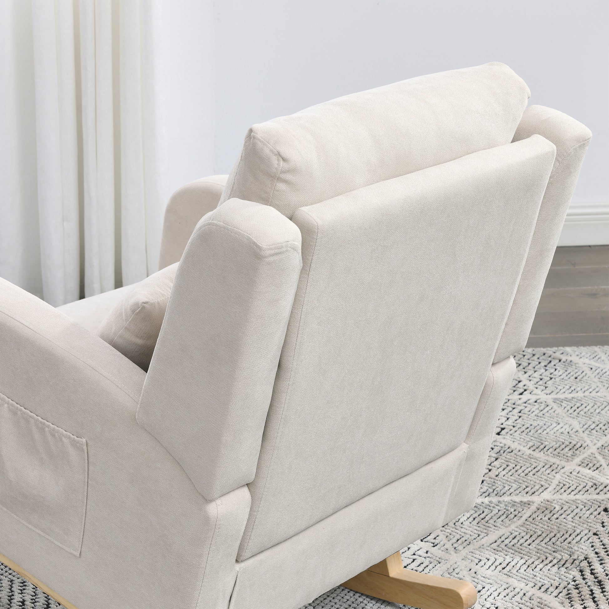 Video Welike 27.5 "W Modern Accent High Back Living Room Casual Armchair Rocker With One Lumbar Pillow, Two Side Pockets. Beige Foam Fabric