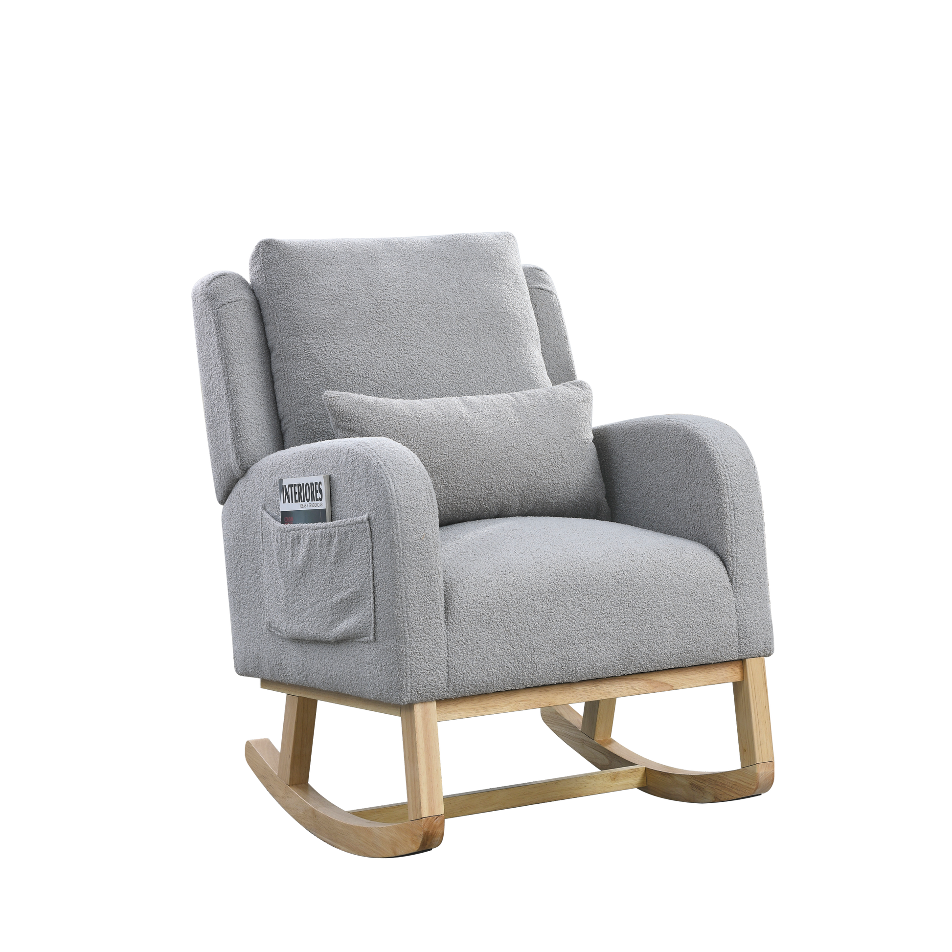 Video Welike 27.5 "W Modern Accent High Back Living Room Casual Armchair Rocker With One Lumbar Pillow, Two Side Pockets,Teddy. Grey Teddy Foam Fabric