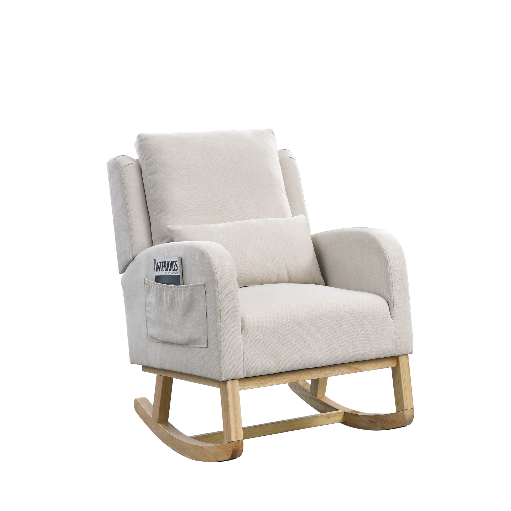 Video Welike 27.5 "W Modern Accent High Back Living Room Casual Armchair Rocker With One Lumbar Pillow, Two Side Pockets. Beige Foam Fabric