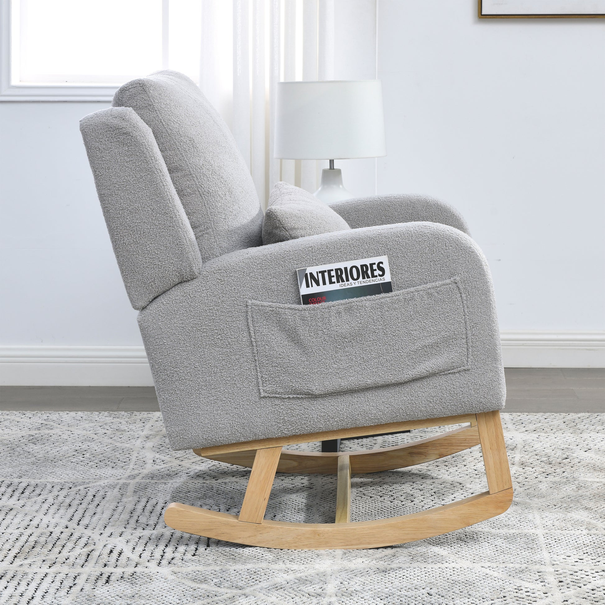 Video Welike 27.5 "W Modern Accent High Back Living Room Casual Armchair Rocker With One Lumbar Pillow, Two Side Pockets,Teddy. Grey Teddy Foam Fabric