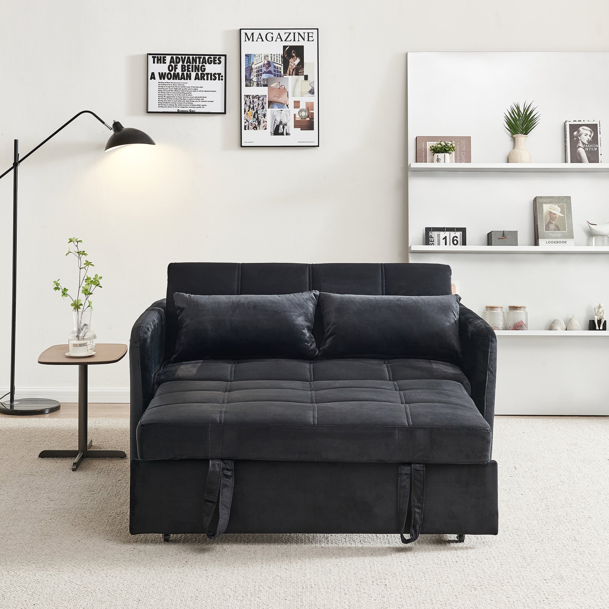 55.5" Twins Pull Out Sofa Bed Black Velvet Black Foam Velvet