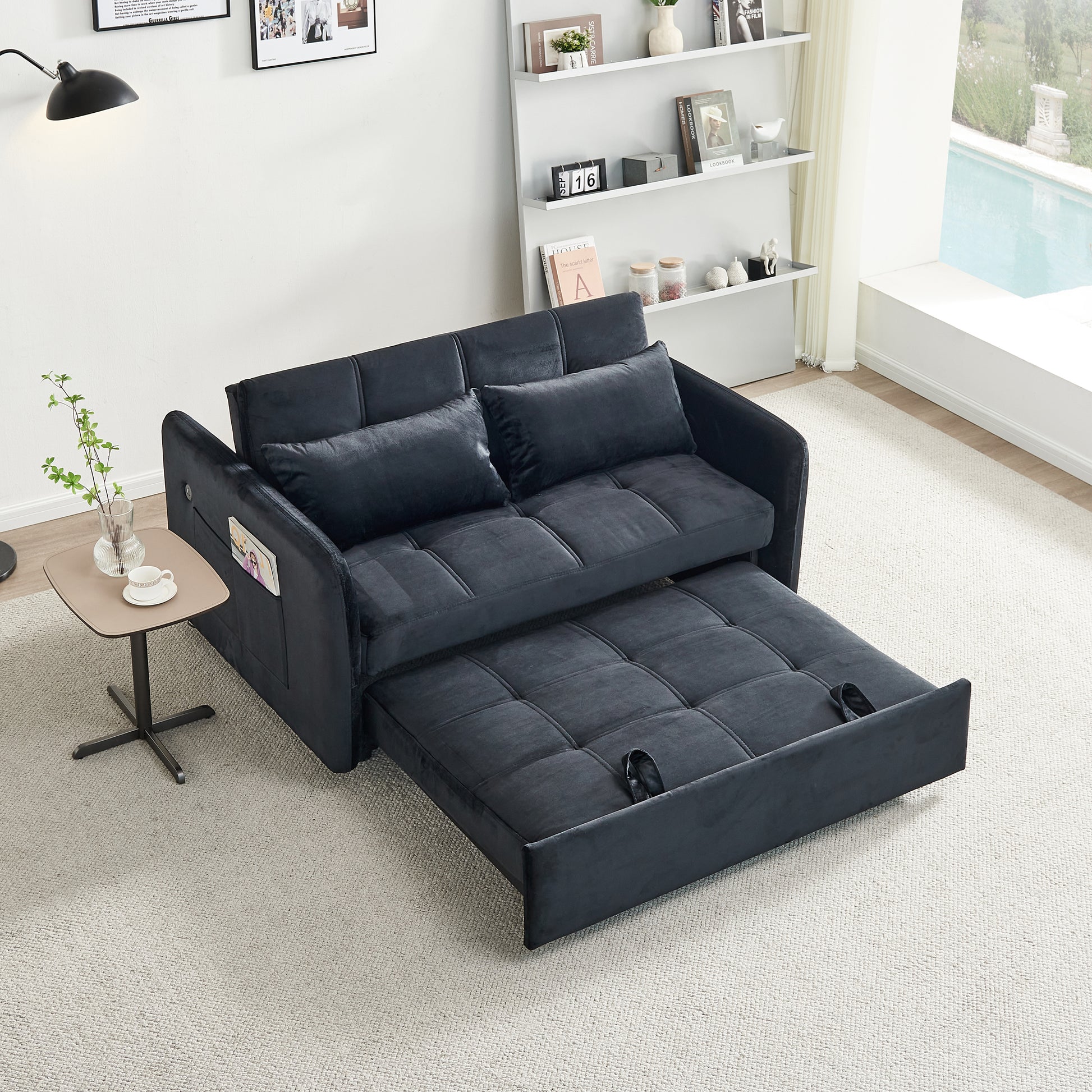 55.5" Twins Pull Out Sofa Bed Black Velvet Black Foam Velvet