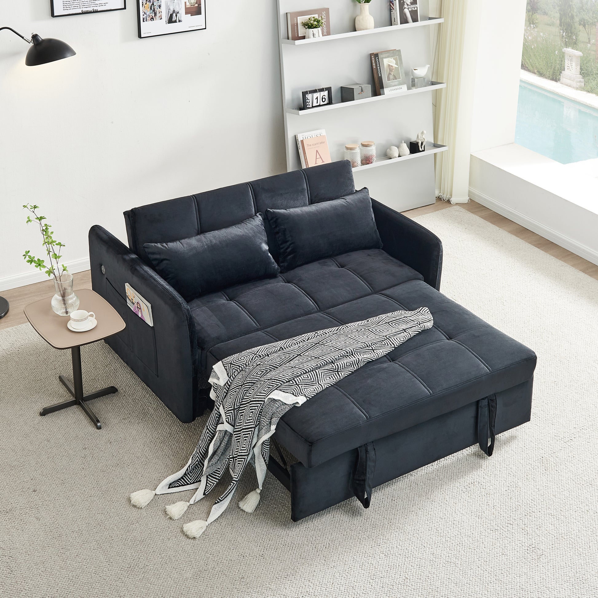 55.5" Twins Pull Out Sofa Bed Black Velvet Black Foam Velvet