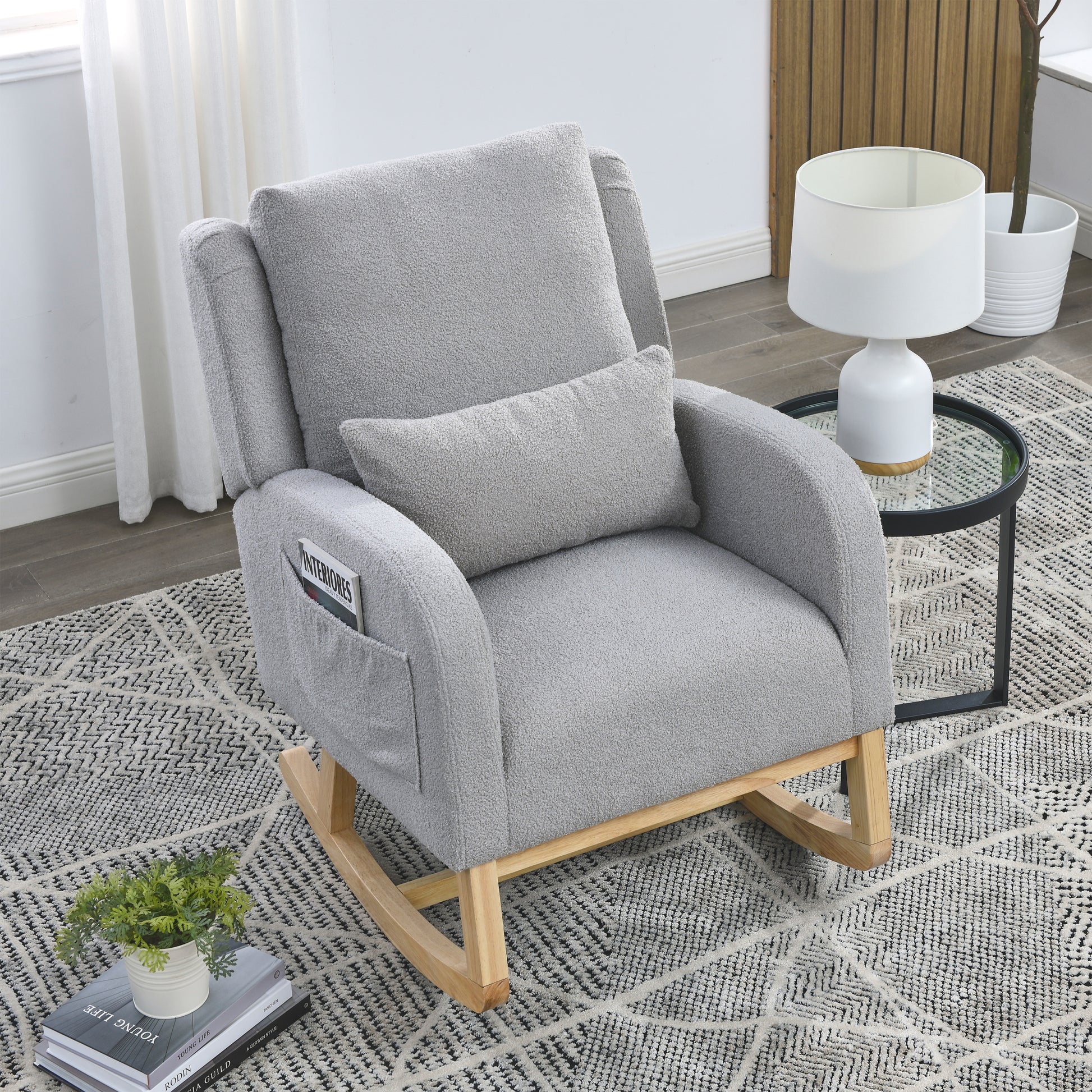 Video Welike 27.5 "W Modern Accent High Back Living Room Casual Armchair Rocker With One Lumbar Pillow, Two Side Pockets,Teddy. Grey Teddy Foam Fabric