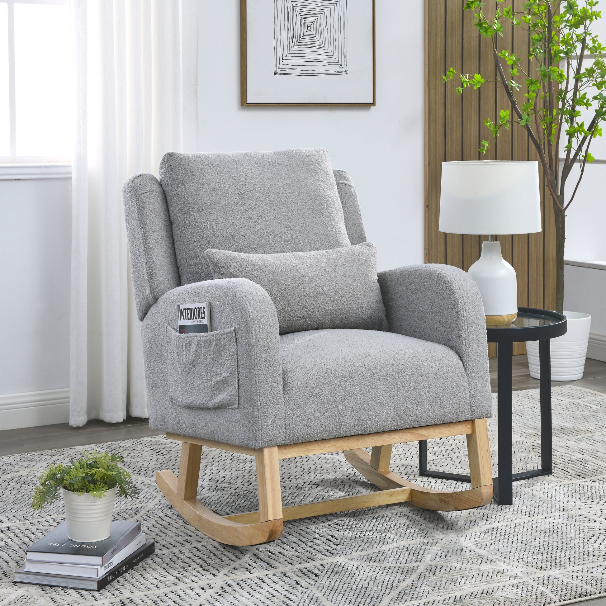 Video Welike 27.5 "W Modern Accent High Back Living Room Casual Armchair Rocker With One Lumbar Pillow, Two Side Pockets,Teddy. Grey Teddy Foam Fabric