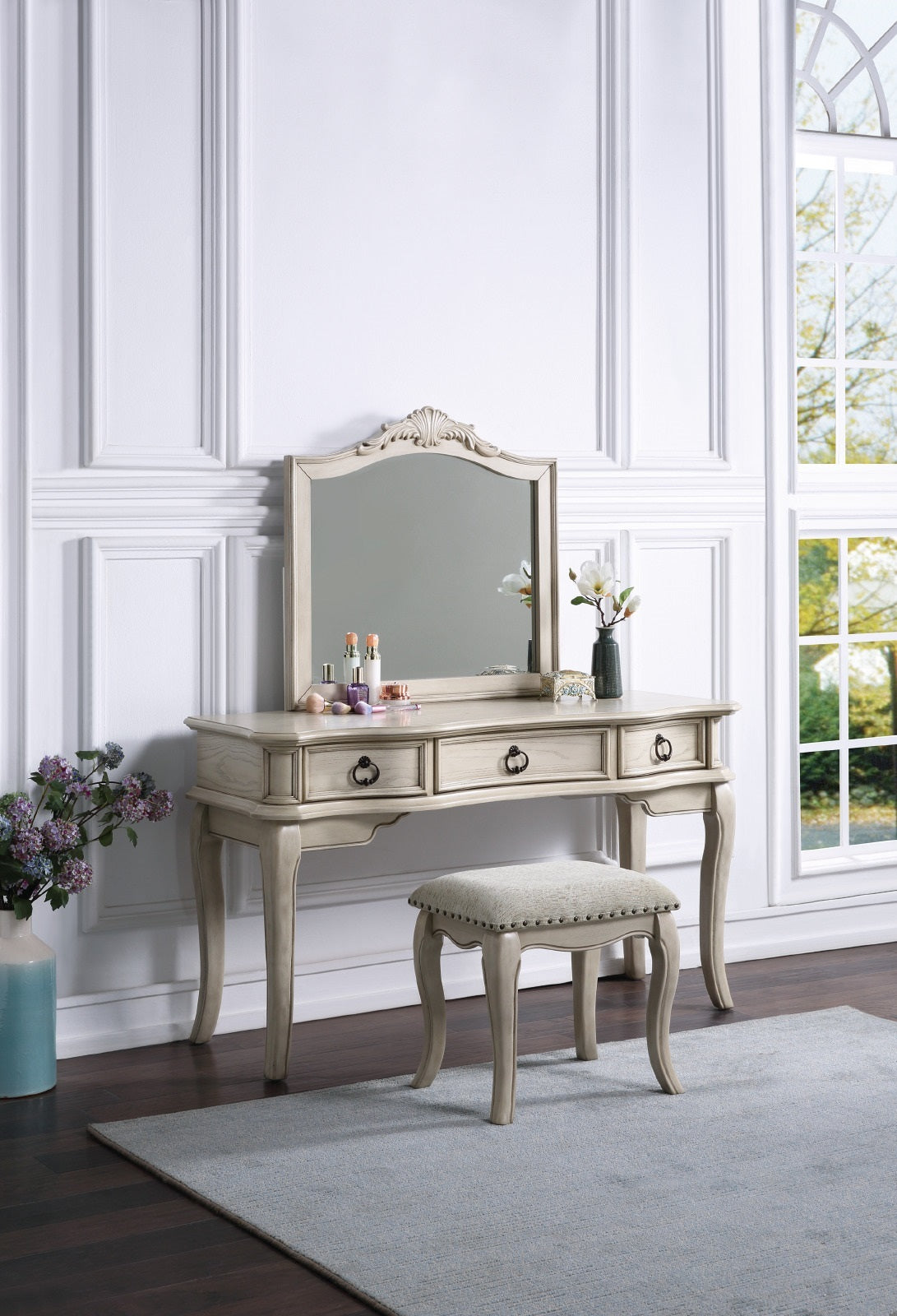 Contemporary Antique White Color Vanity Set W Stool Retro Style Drawers Cabriole Tapered Legs Mirror W Floral Crown Molding Bedroom Furniture Antique White Bedroom Contemporary Poplar Rubber Wood