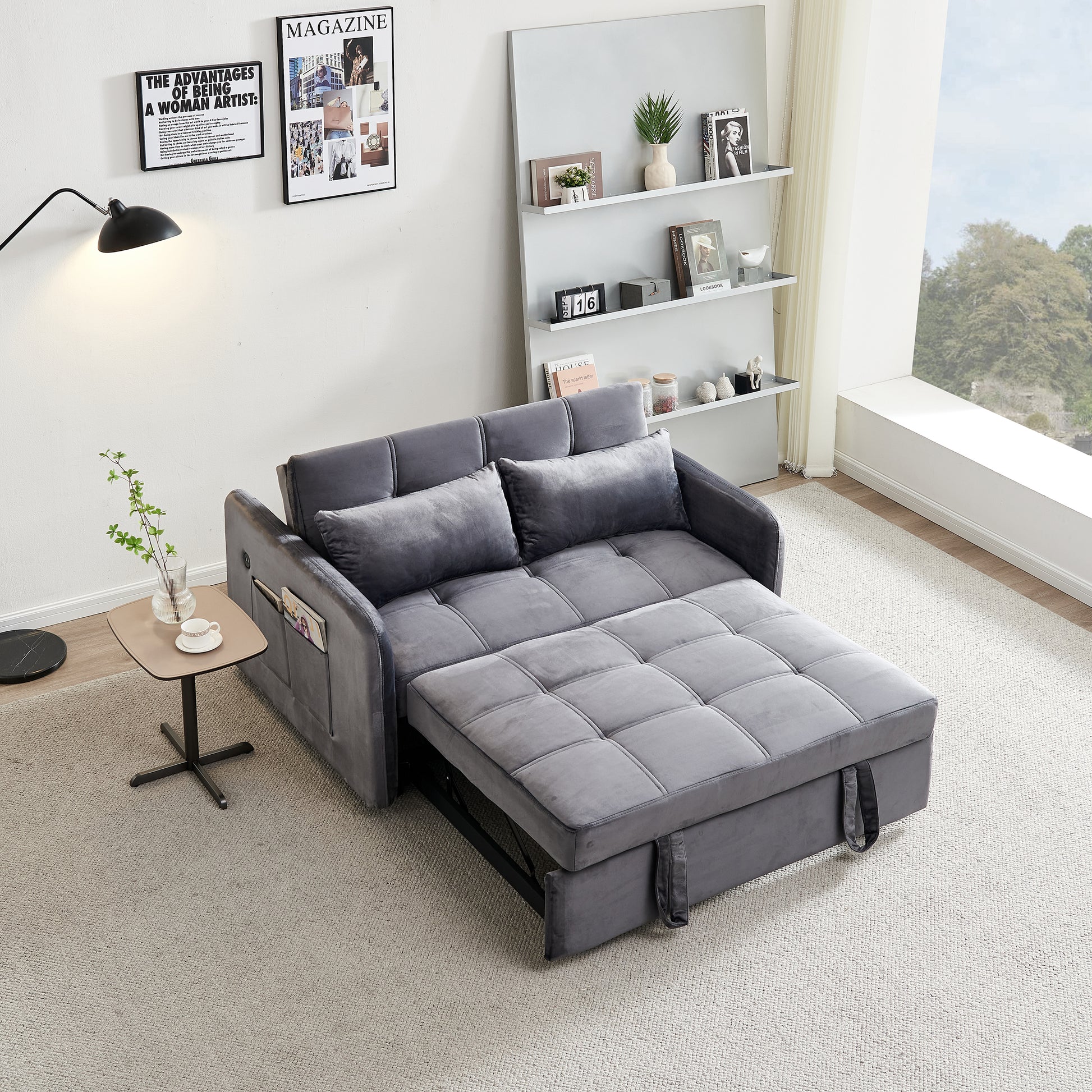 55.5" Twins Pull Out Sofa Bed Grey Velvet Grey Foam Velvet