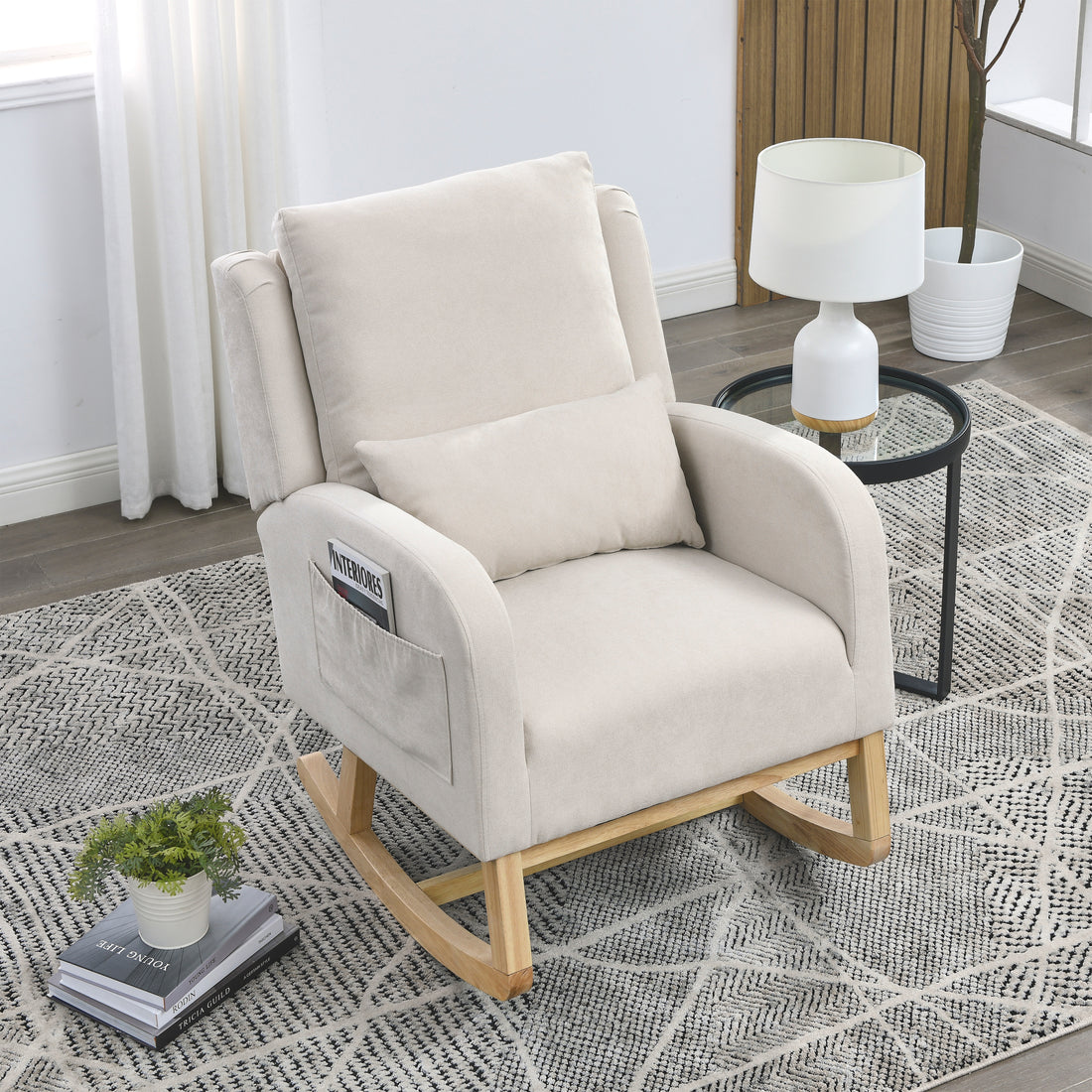 Video Welike 27.5 "W Modern Accent High Back Living Room Casual Armchair Rocker With One Lumbar Pillow, Two Side Pockets. Beige Foam Fabric