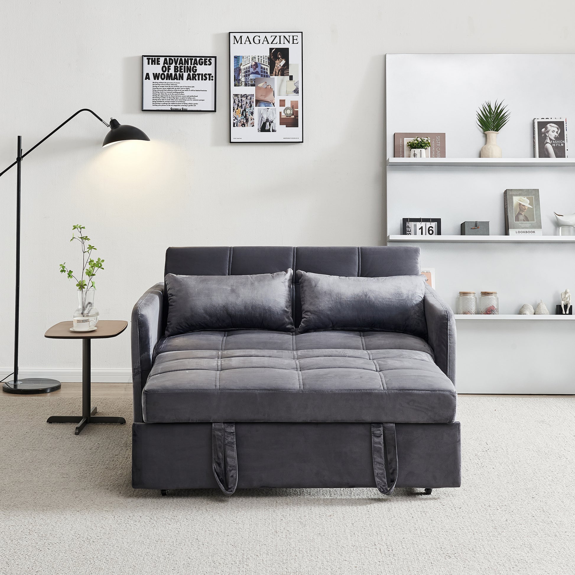 55.5" Twins Pull Out Sofa Bed Grey Velvet Grey Foam Velvet