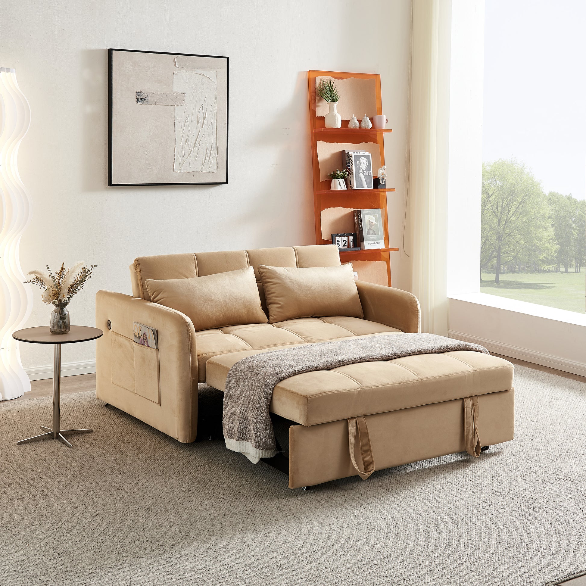 55.5"Twins Pull Out Sofa Bed Khaki Velvet Khaki Foam Velvet
