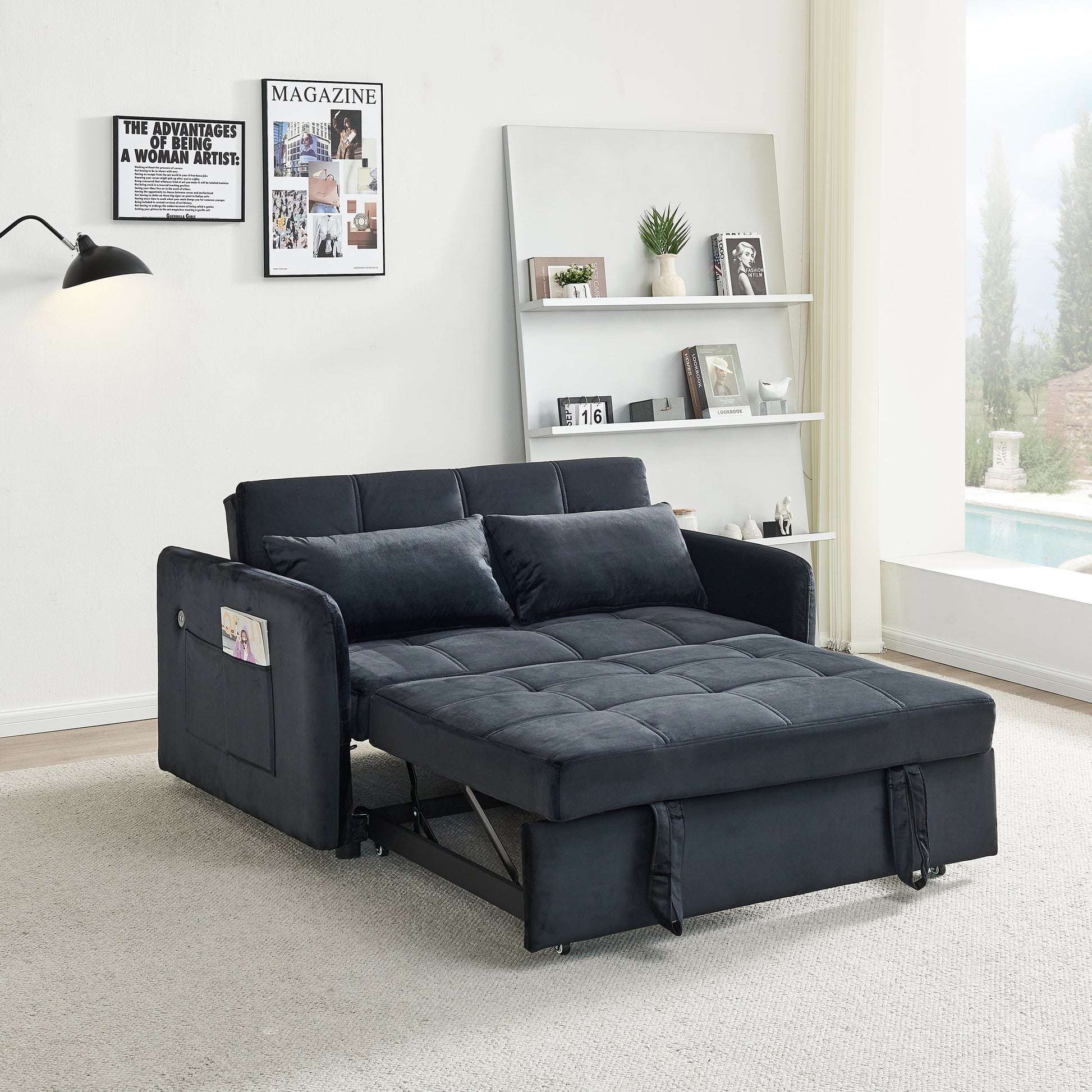 55.5" Twins Pull Out Sofa Bed Black Velvet Black Foam Velvet