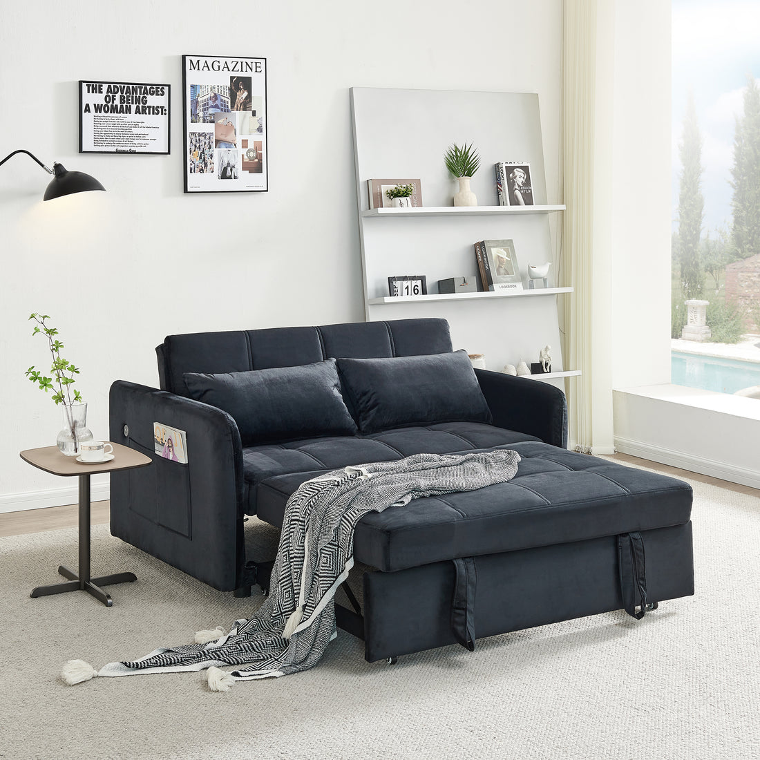 55.5" Twins Pull Out Sofa Bed Black Velvet Black Foam Velvet