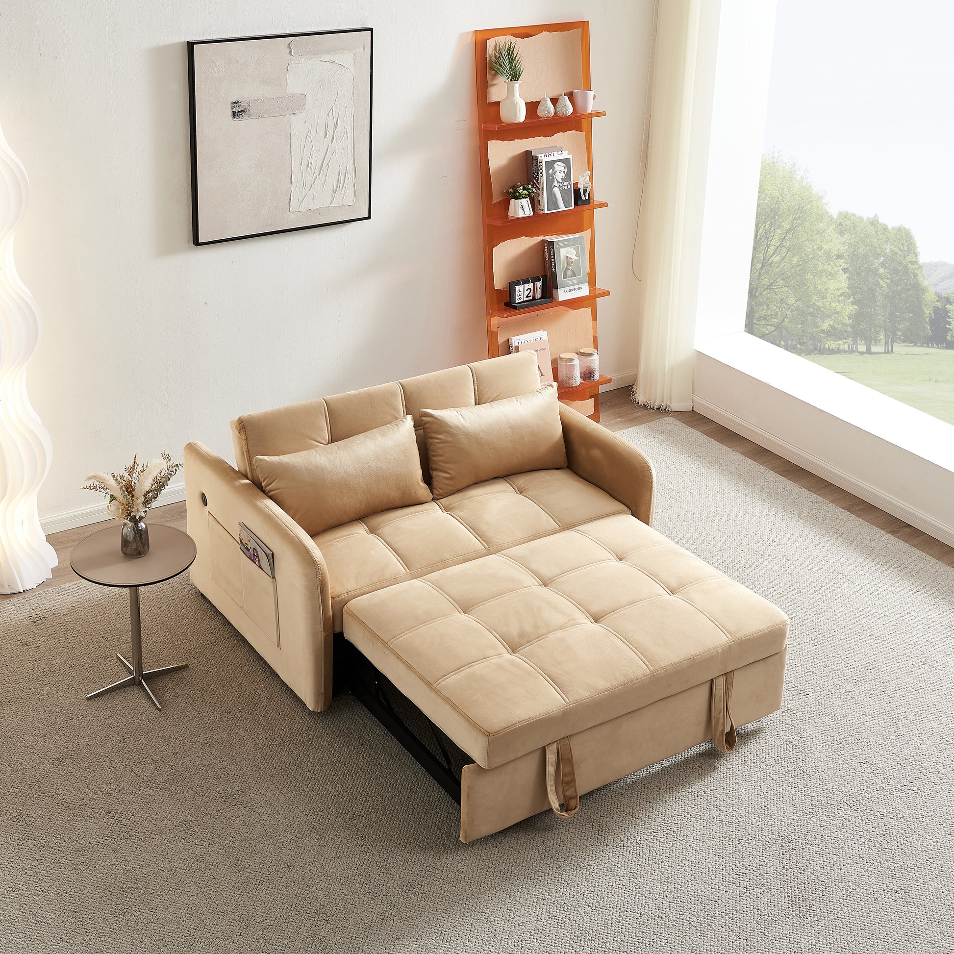 55.5"Twins Pull Out Sofa Bed Khaki Velvet Khaki Foam Velvet