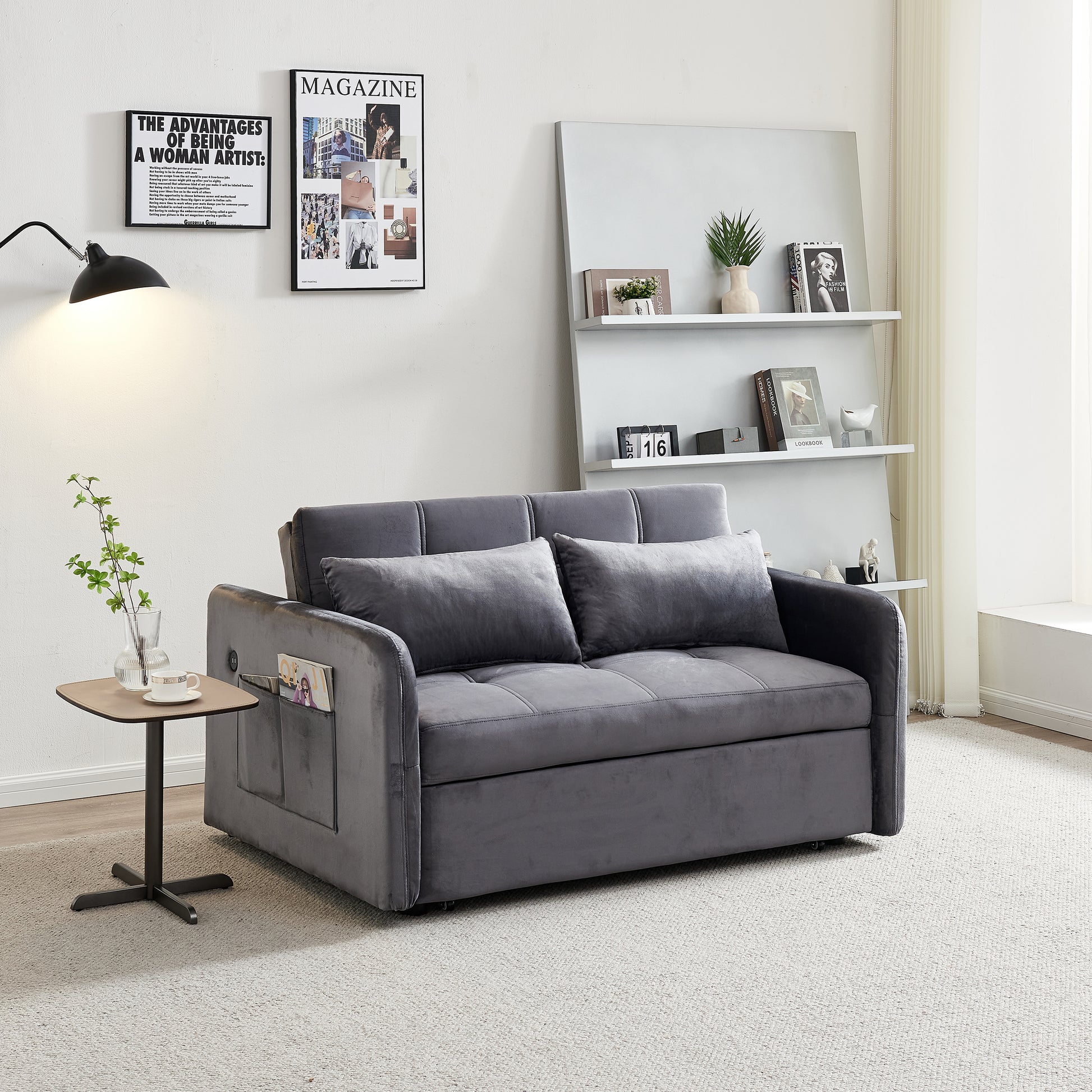 55.5" Twins Pull Out Sofa Bed Grey Velvet Grey Foam Velvet