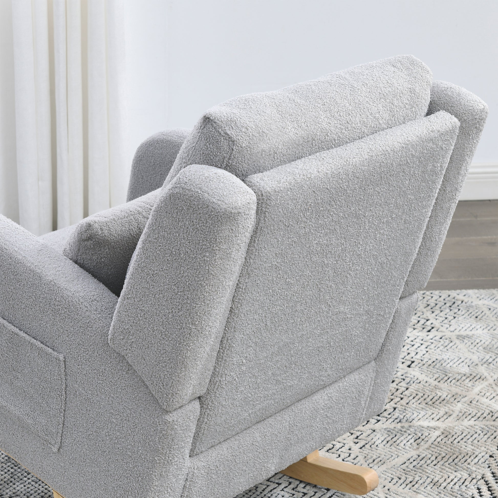 Video Welike 27.5 "W Modern Accent High Back Living Room Casual Armchair Rocker With One Lumbar Pillow, Two Side Pockets,Teddy. Grey Teddy Foam Fabric