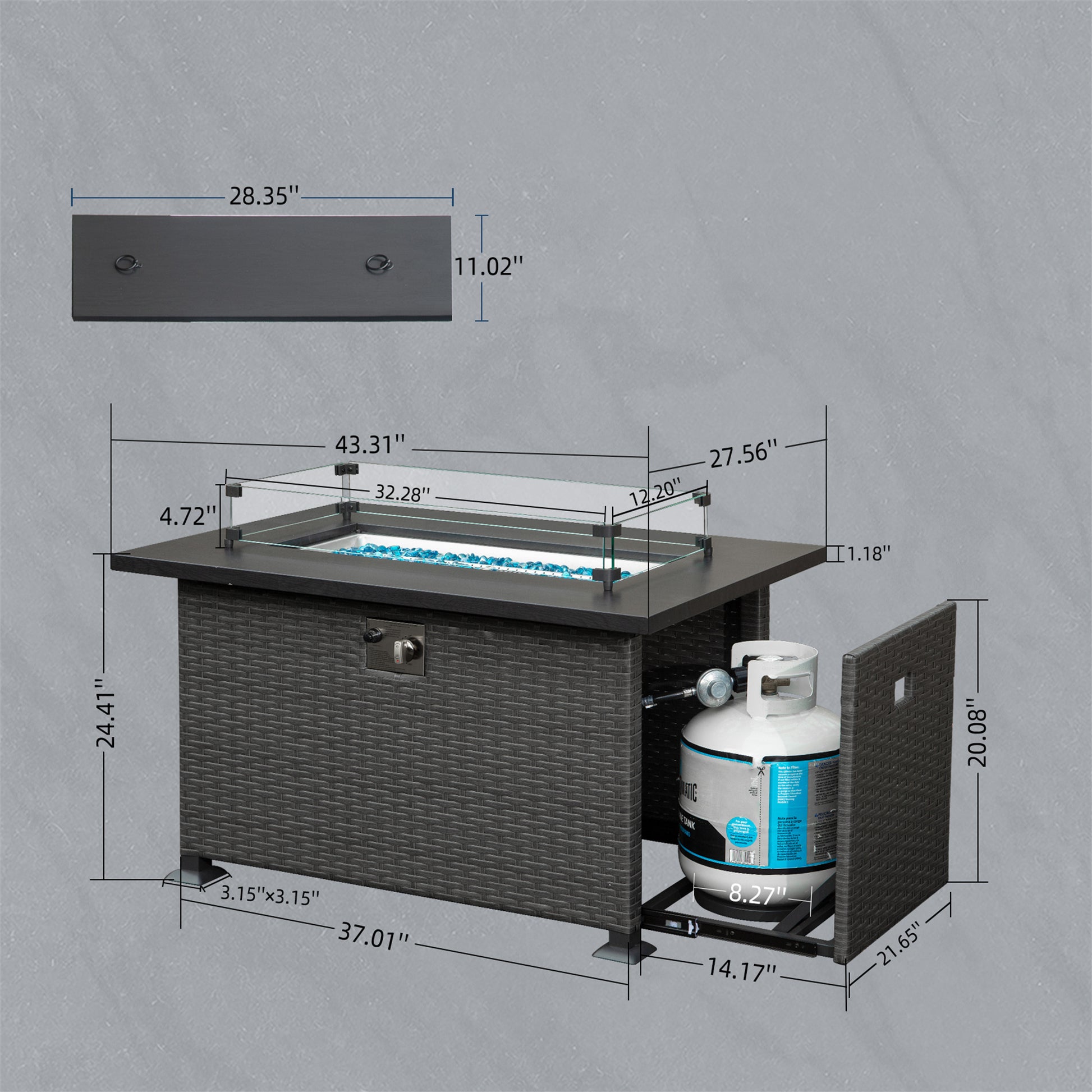 Fire Pit Table 43.3 Inch With Glass Wind Guard, 50,000 Btu Smokeless Fire Pits For Outside,Outdoor Wicker Gas Fire Pits For Patio Dark Gray Dark Gray Metal