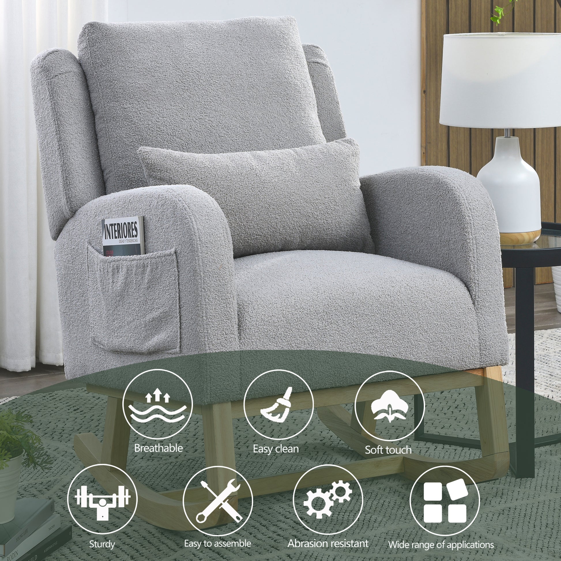 Video Welike 27.5 "W Modern Accent High Back Living Room Casual Armchair Rocker With One Lumbar Pillow, Two Side Pockets,Teddy. Grey Teddy Foam Fabric