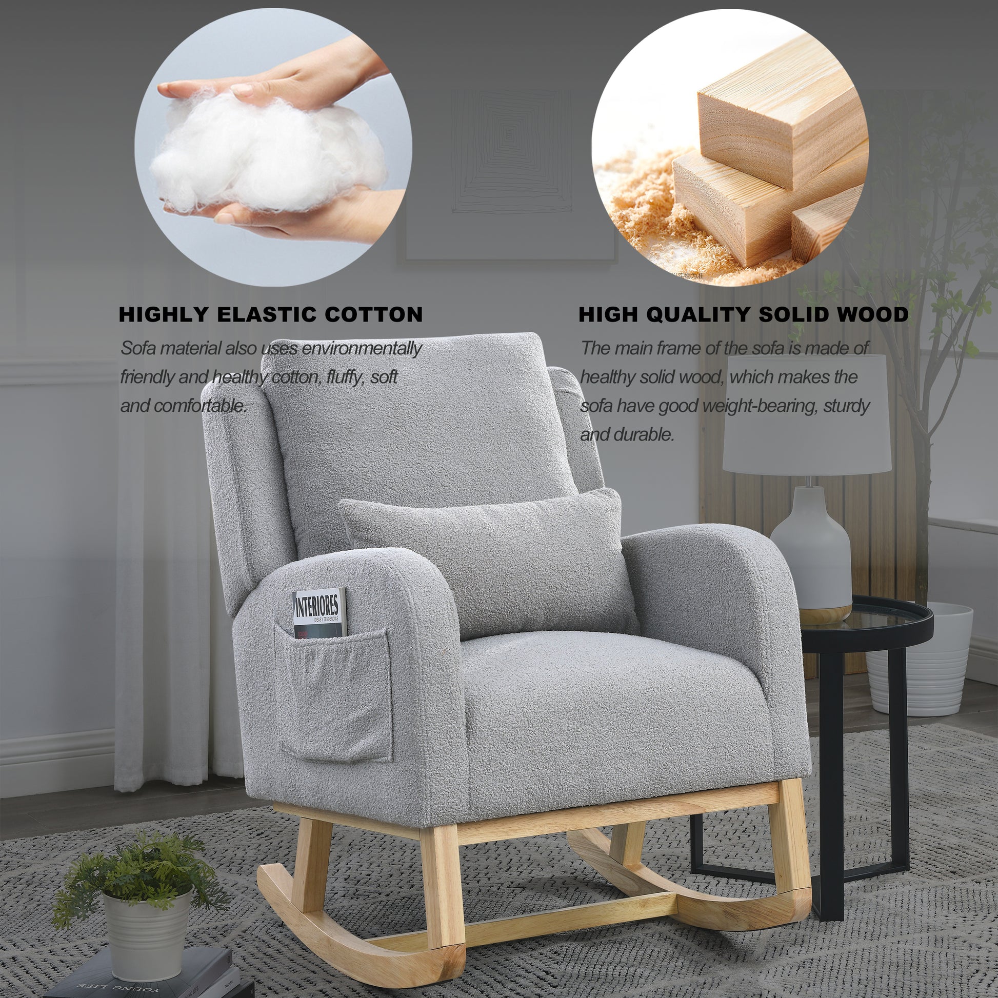 Video Welike 27.5 "W Modern Accent High Back Living Room Casual Armchair Rocker With One Lumbar Pillow, Two Side Pockets,Teddy. Grey Teddy Foam Fabric