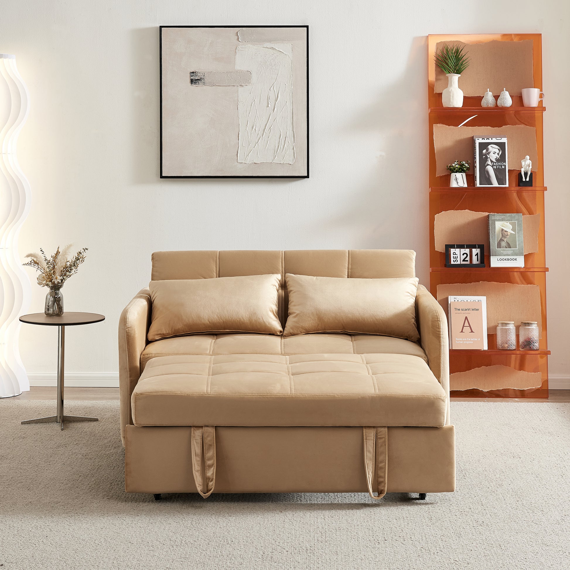55.5"Twins Pull Out Sofa Bed Khaki Velvet Khaki Foam Velvet