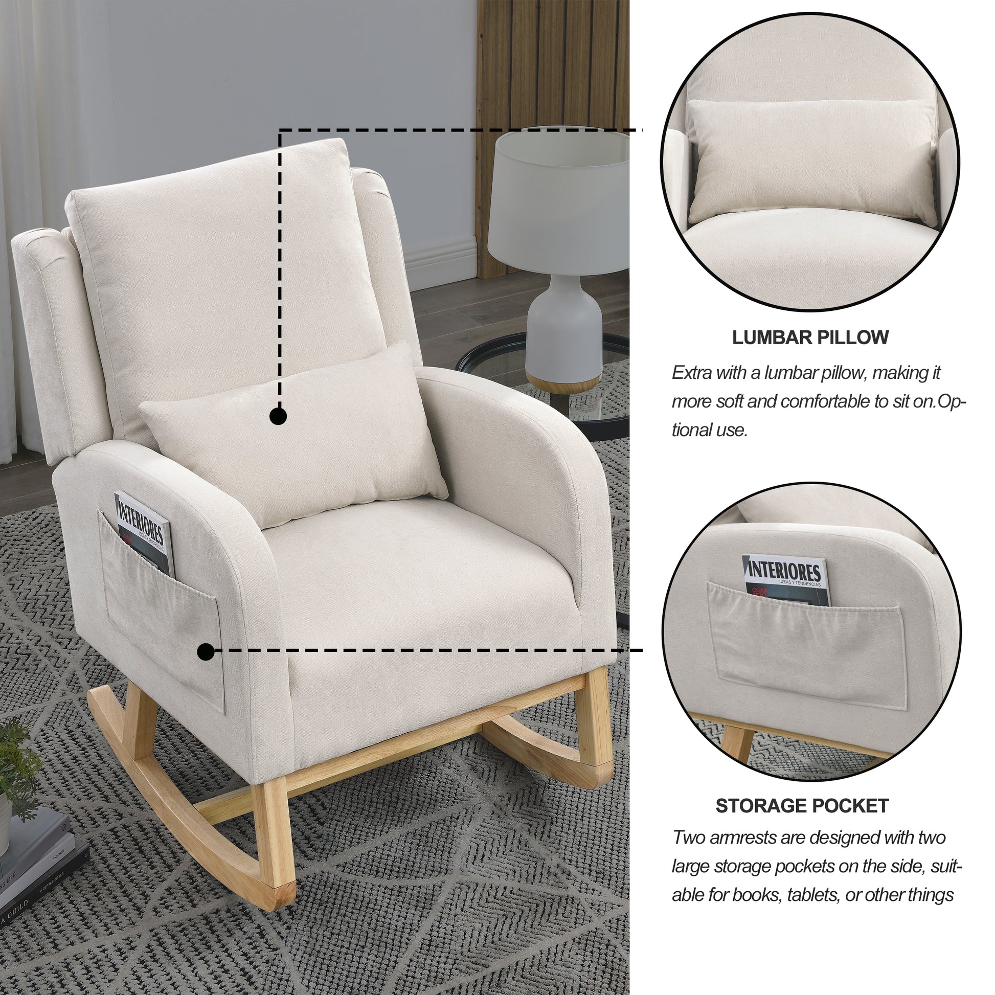 Video Welike 27.5 "W Modern Accent High Back Living Room Casual Armchair Rocker With One Lumbar Pillow, Two Side Pockets. Beige Foam Fabric