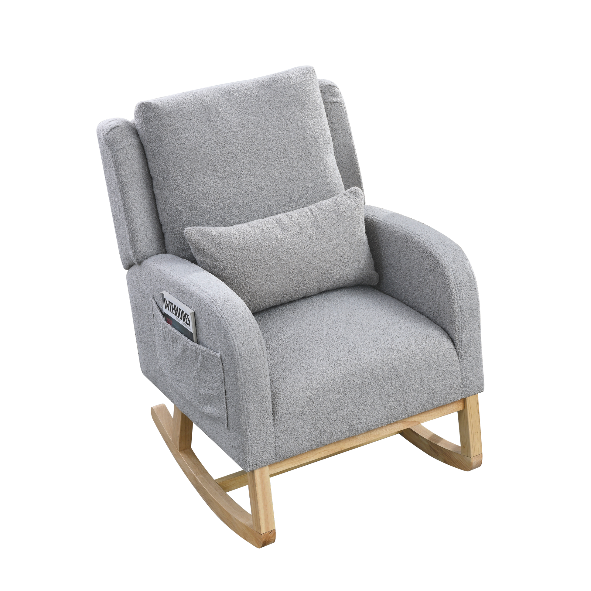 Video Welike 27.5 "W Modern Accent High Back Living Room Casual Armchair Rocker With One Lumbar Pillow, Two Side Pockets,Teddy. Grey Teddy Foam Fabric