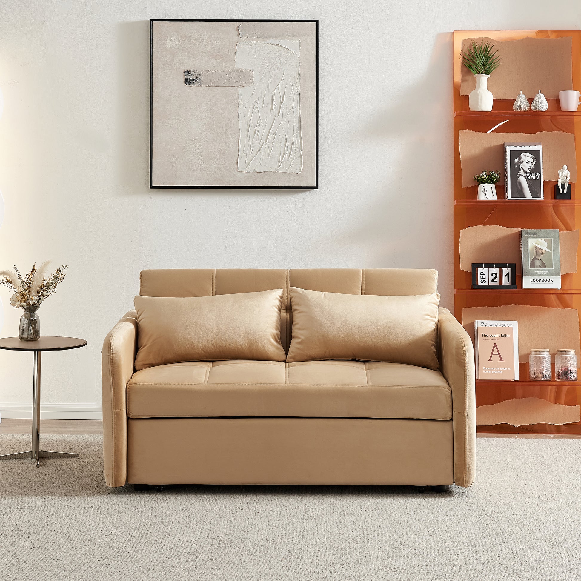 55.5"Twins Pull Out Sofa Bed Khaki Velvet Khaki Foam Velvet