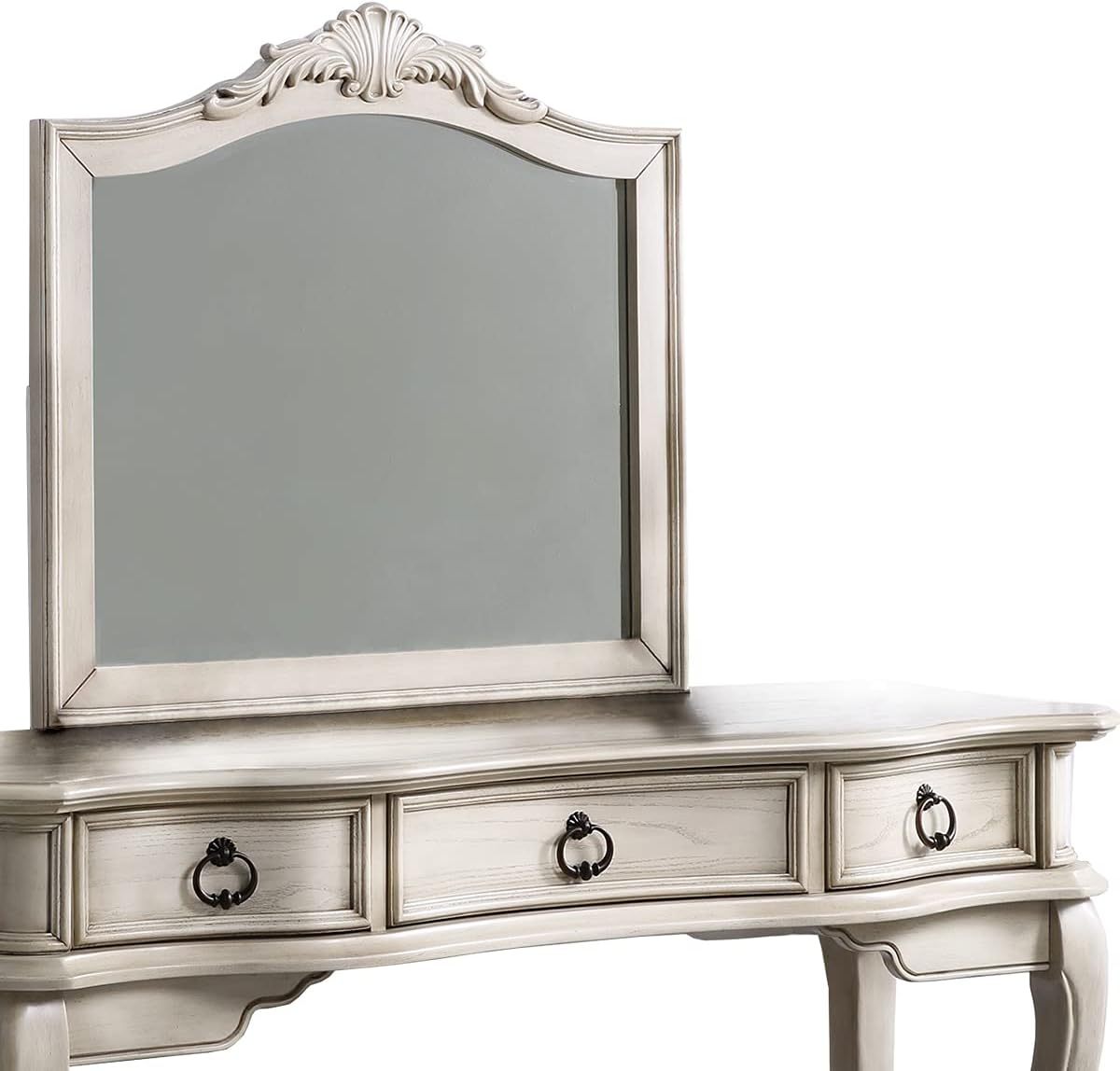 Contemporary Antique White Color Vanity Set W Stool Retro Style Drawers Cabriole Tapered Legs Mirror W Floral Crown Molding Bedroom Furniture Antique White Bedroom Contemporary Poplar Rubber Wood