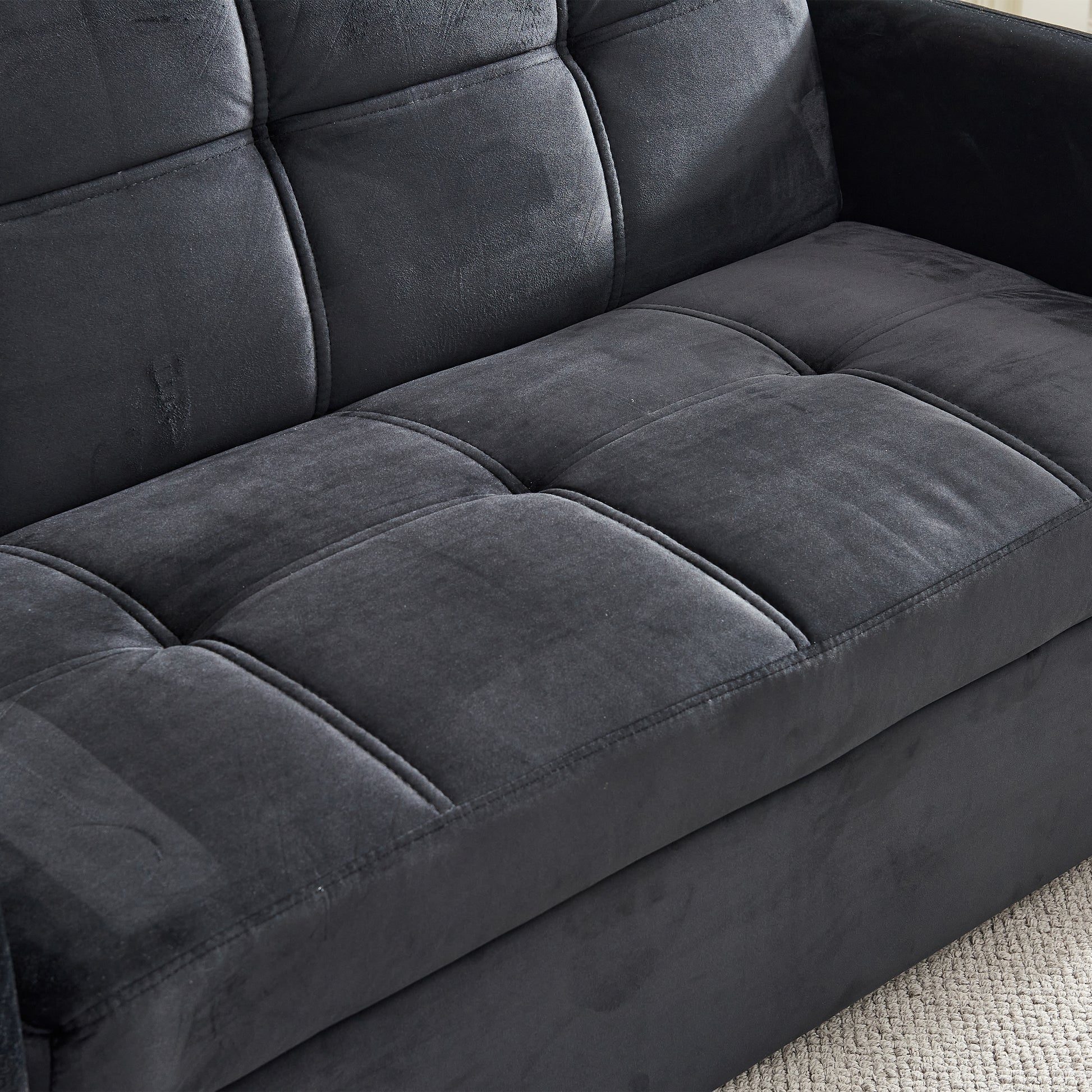 55.5" Twins Pull Out Sofa Bed Black Velvet Black Foam Velvet