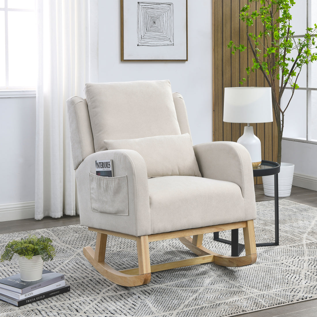 Video Welike 27.5 "W Modern Accent High Back Living Room Casual Armchair Rocker With One Lumbar Pillow, Two Side Pockets. Beige Foam Fabric