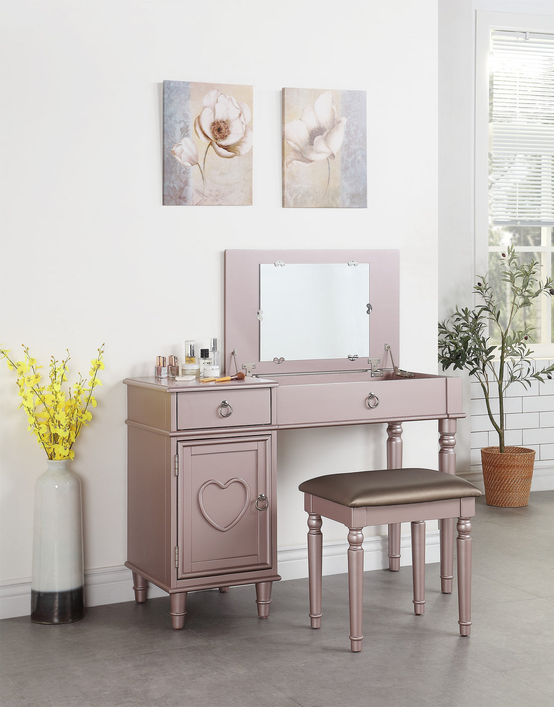 Bedroom Vanity Set W Stool Open Up Mirror Storage Space Drawers Rubber Wood Ring Pull Handles Rose Gold Color Vanity Rose Gold Bedroom Traditional Poplar Rubber Wood