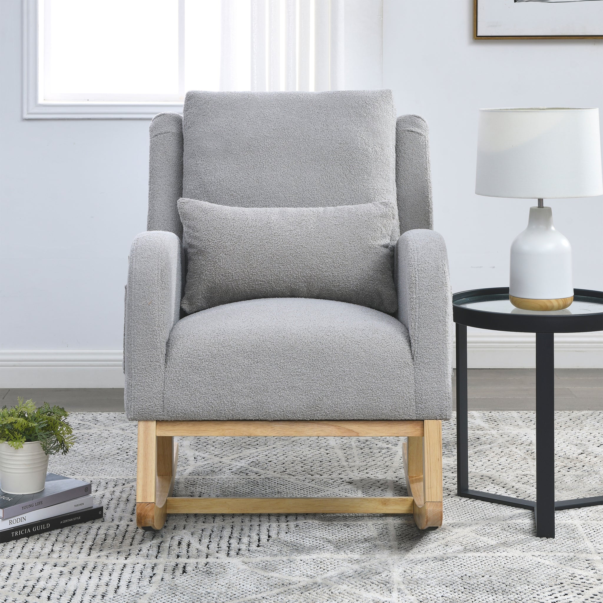 Video Welike 27.5 "W Modern Accent High Back Living Room Casual Armchair Rocker With One Lumbar Pillow, Two Side Pockets,Teddy. Grey Teddy Foam Fabric