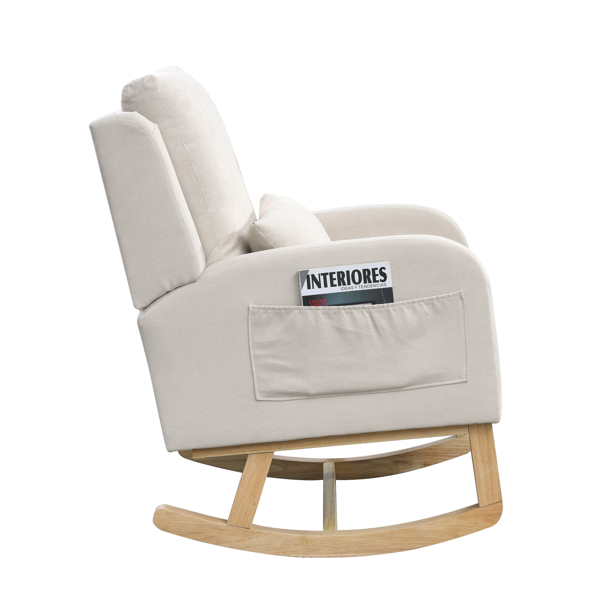 Video Welike 27.5 "W Modern Accent High Back Living Room Casual Armchair Rocker With One Lumbar Pillow, Two Side Pockets. Beige Foam Fabric