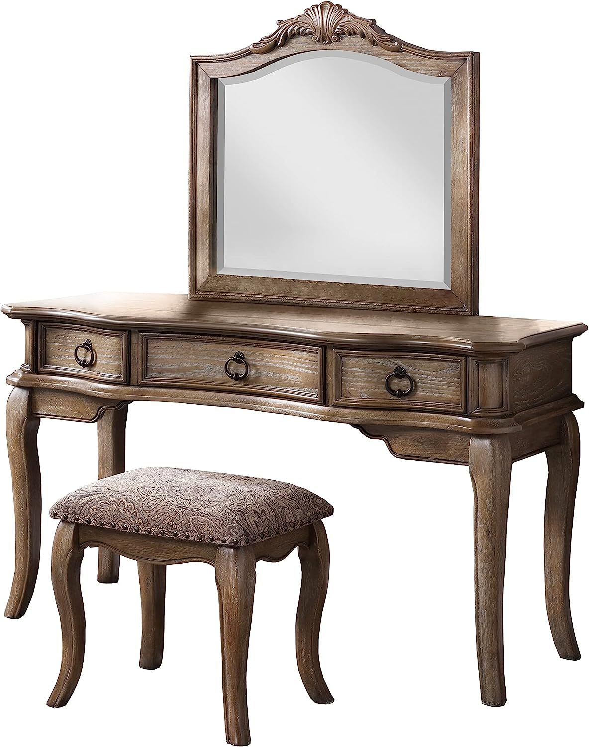 Contemporary Antique Oak Color Vanity Set W Stool Retro Style Drawers Cabriole Tapered Legs Mirror W Floral Crown Molding Bedroom Furniture Oak Bedroom Contemporary Poplar Rubber Wood