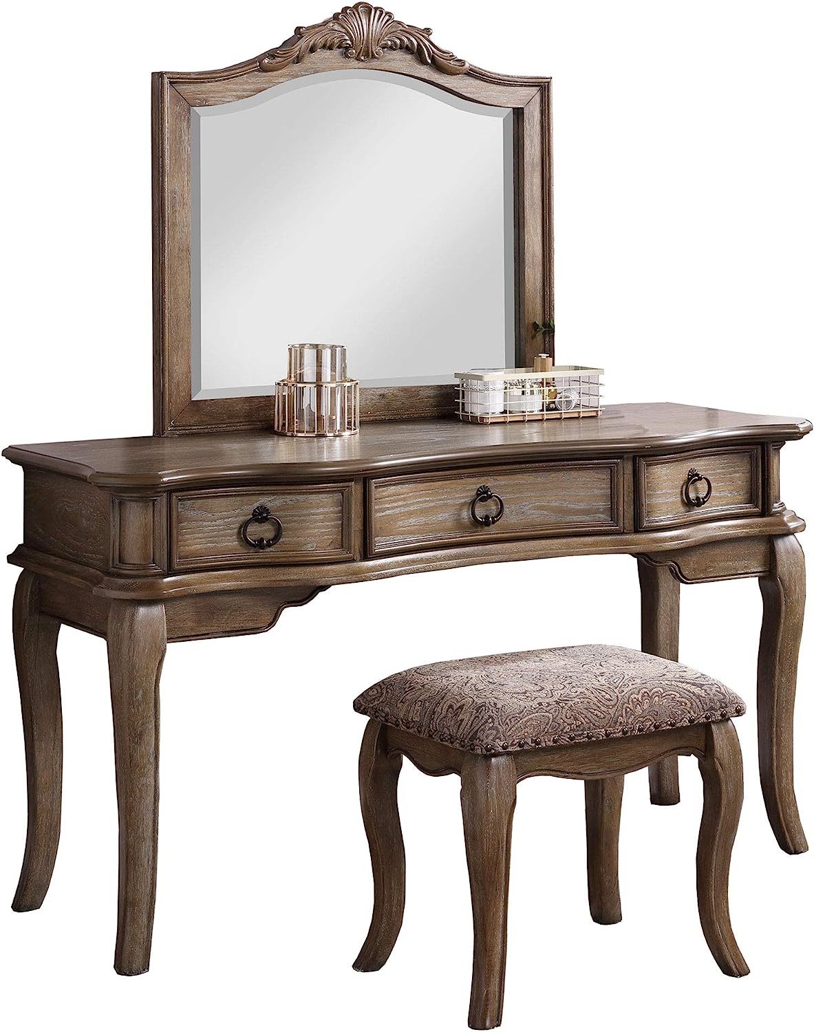 Contemporary Antique Oak Color Vanity Set W Stool Retro Style Drawers Cabriole Tapered Legs Mirror W Floral Crown Molding Bedroom Furniture Oak Bedroom Contemporary Poplar Rubber Wood